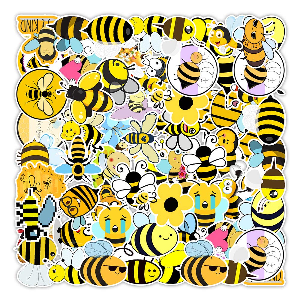 Bric dodo 50 Pcs Bee Stickers - Waterproof & Reusable, Matte Finish, Yellow, Cartoon Bee, Nature, Honeycomb Style, Perfect for Laptops, Cars, Bikes, Water Bottles & More