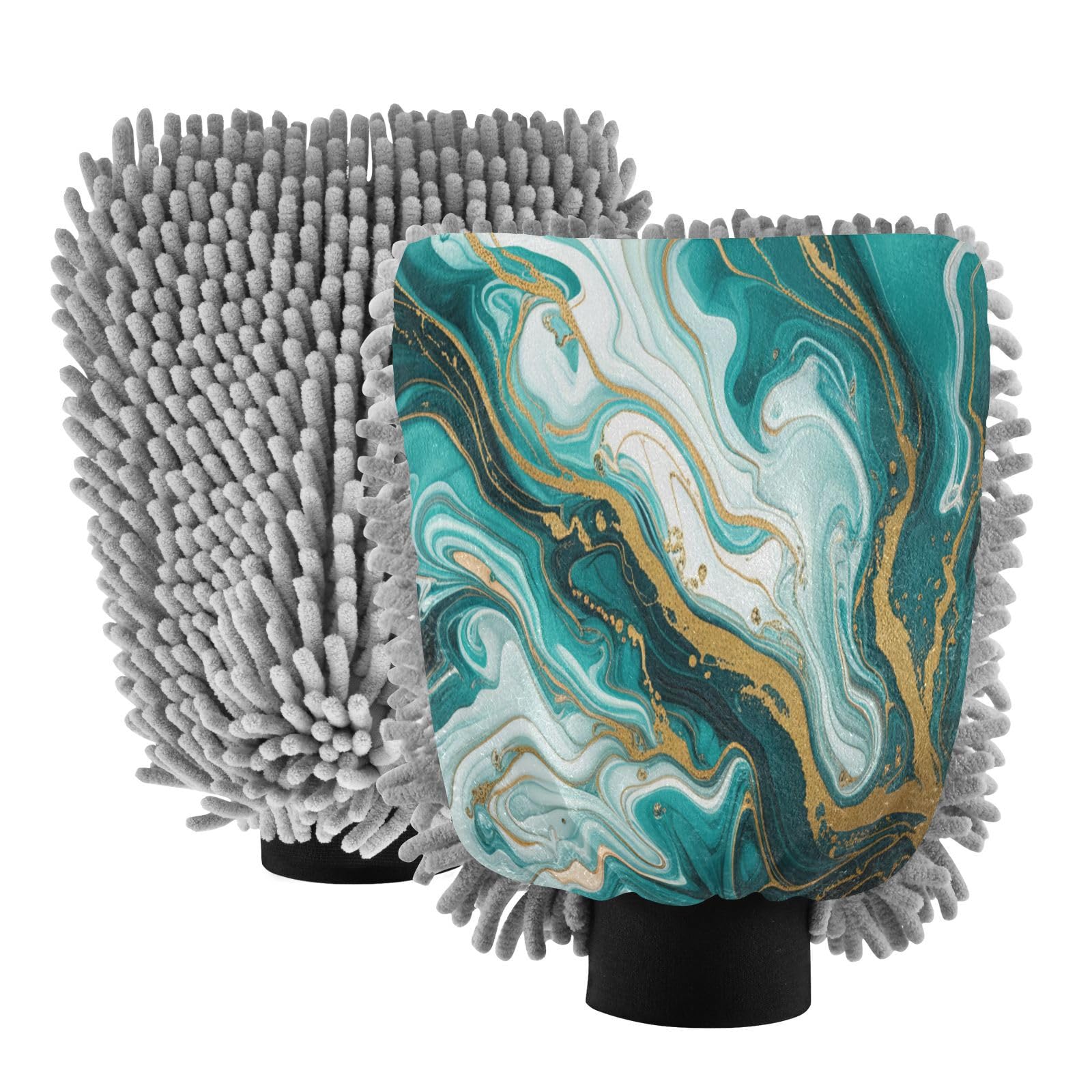 STAYTOP Beautiful Blue Gold Marble Car Wash Mitt Microfiber, 2Pcs Scratch Free Lint-Free, Premium Chenille Microfiber Mitt Car Wash Brush-L