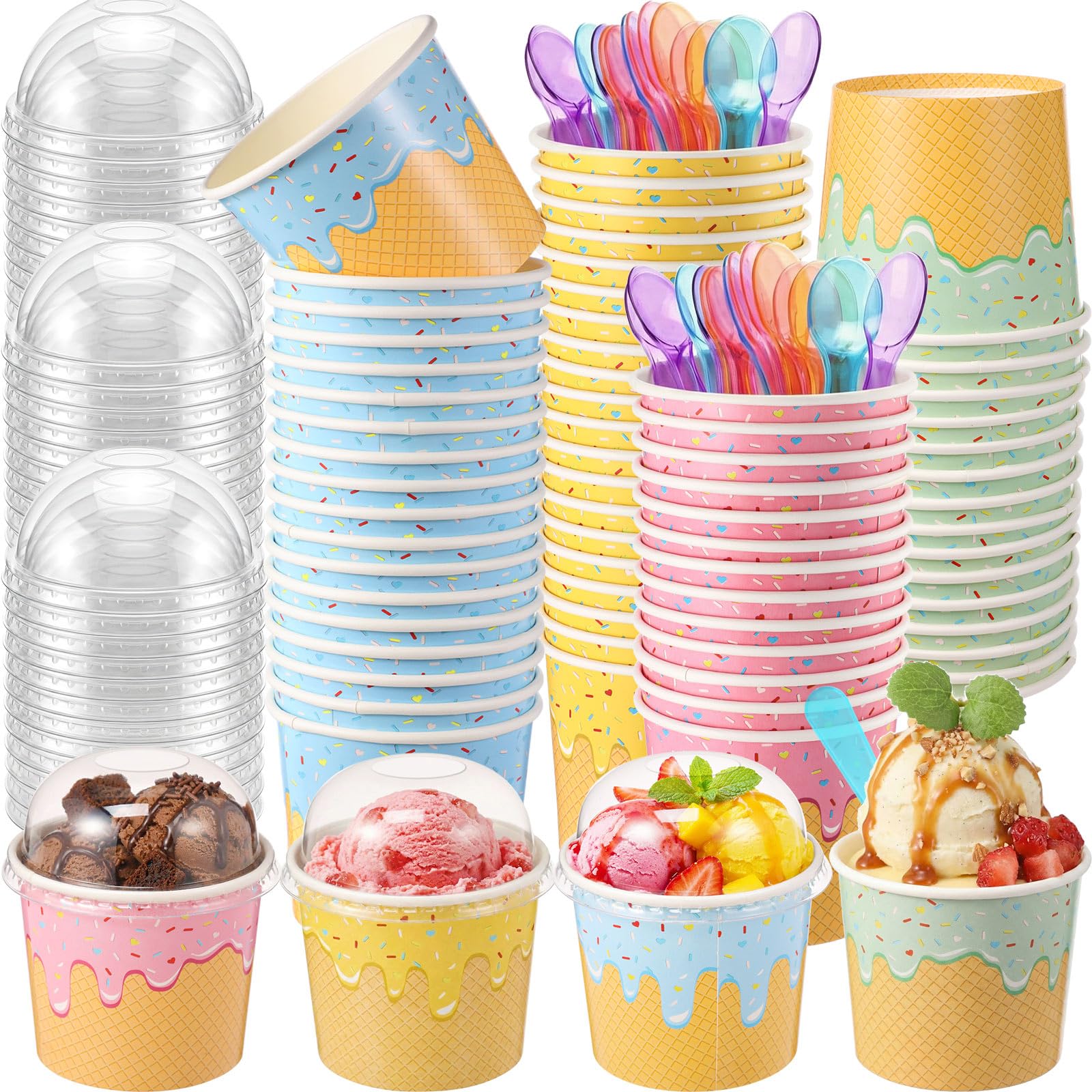 40 Pack Ice Cream Cups with Lids and Spoons Paper Dessert Cups Colorful Sundae Bowls Disposable Ice Cream Containers for Hot Soup Spring Summer Graduation Bar Party Supplies (4 oz)