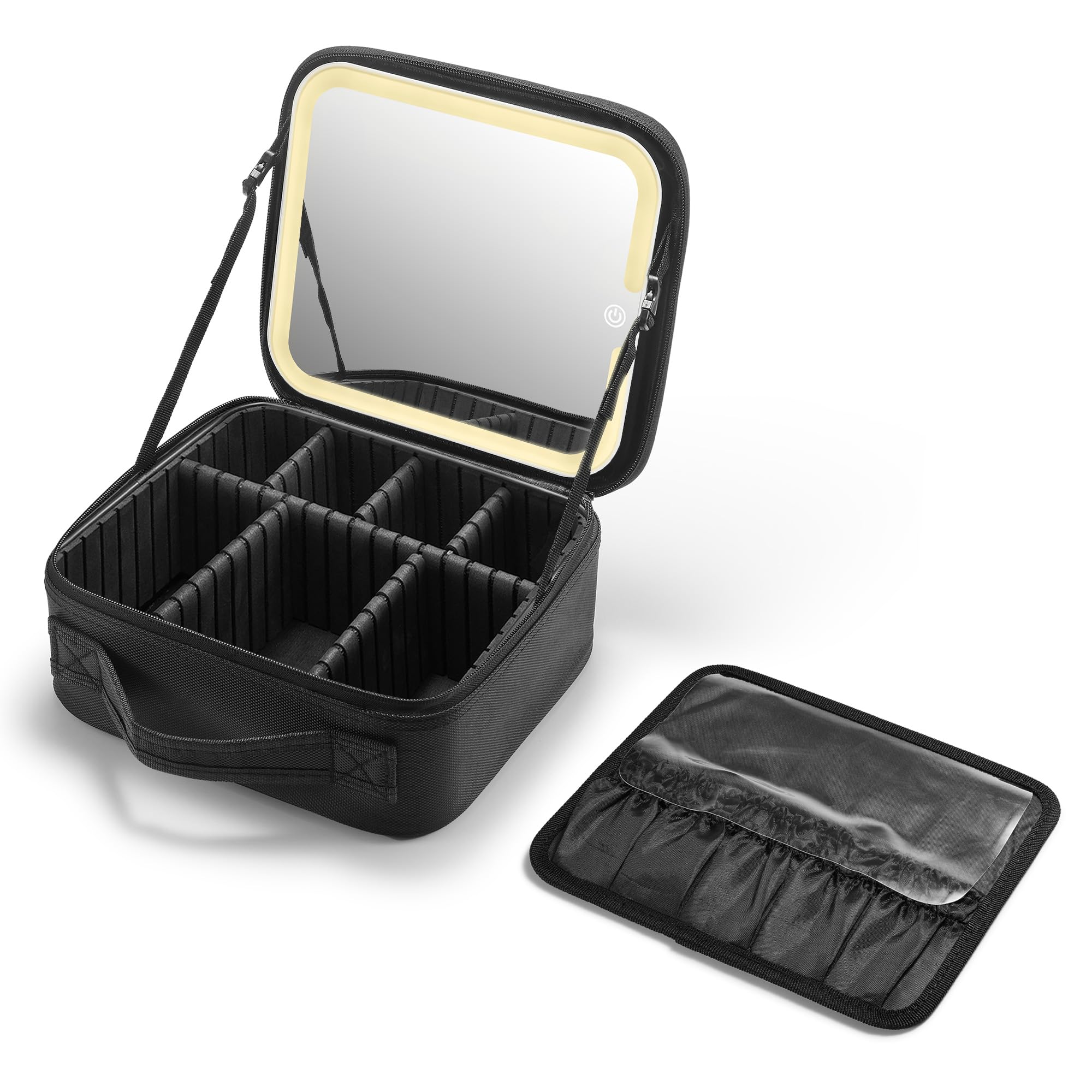 Makeup Bag with LED Mirror, Cosmetic Organizer with Compartments, Oxford Fabric (Black, Small Size)