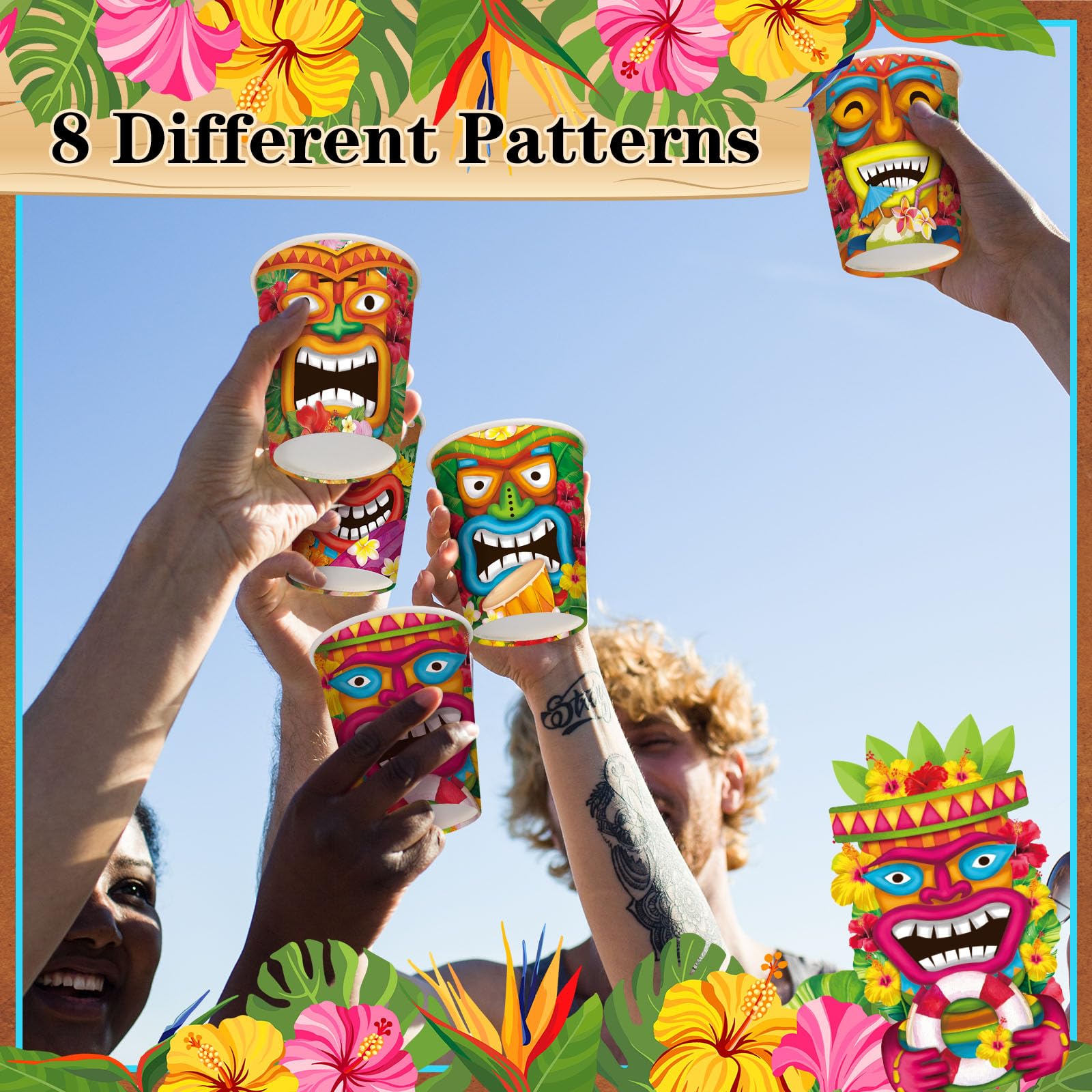 Yungyan 100 vasos de papel Luau desechables de 9 onzas, vasos de papel hawaianos Tiki tropical, Aloha Luau, decoraciones de fiesta de verano para verano, Tiki, playa, piscina, suministros de fiesta