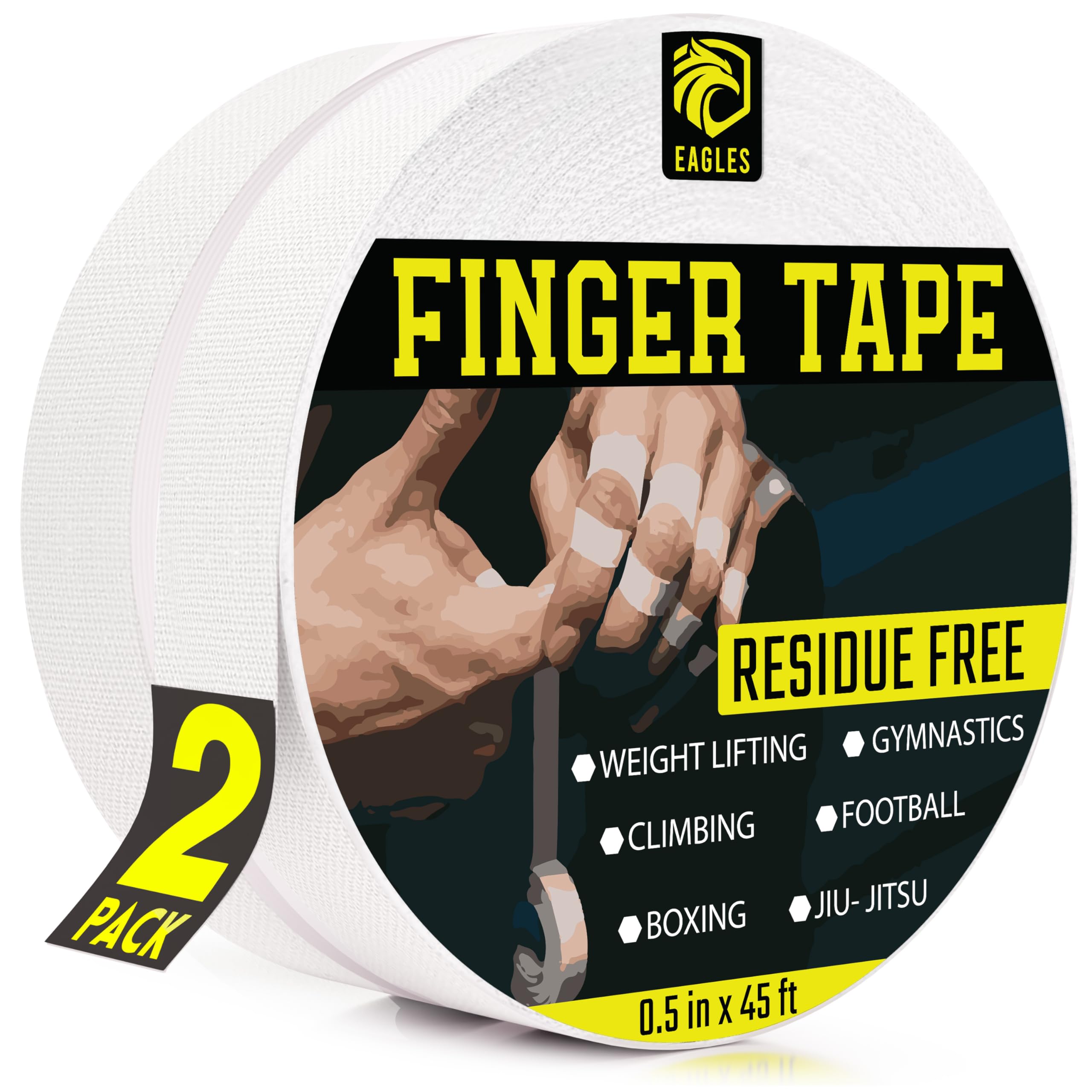 EAGLES Finger Tape 2, 3, 6 or 12 Pack Black or White | Residue Free Skin Friendly Strong Athletic Sports Tapes | 0.5” x 45 Ft for BJJ Jiu Jitsu Grappling MMA Knob Tape Weight (White, 2 Pack)