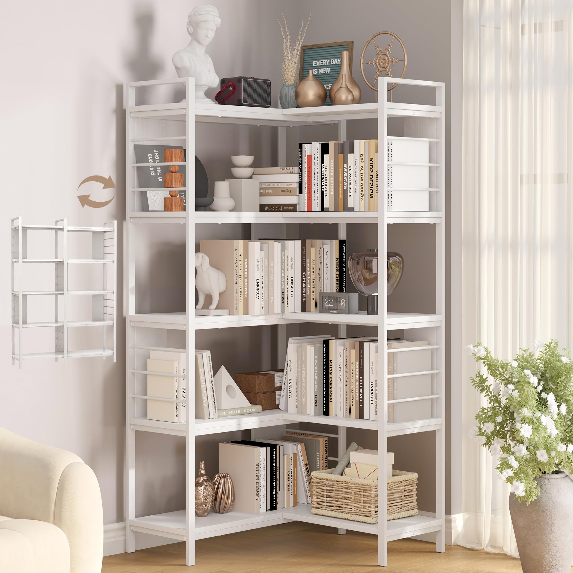 5 Tier Corner Bookshelf, Reversible Corner Shelf, Industrial Wooden Display Book Shelf Stand, L-Shaped Etagere Bookcase with Storage Shelves and Metal