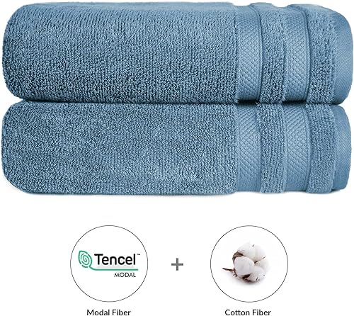 Miniatura 4 de TRIDENT Juego de 2 toallas de baño grandes para baño, 100% algodón, altamente absorbentes, mezcla modal, cero torsión, toalla suave para hotel y