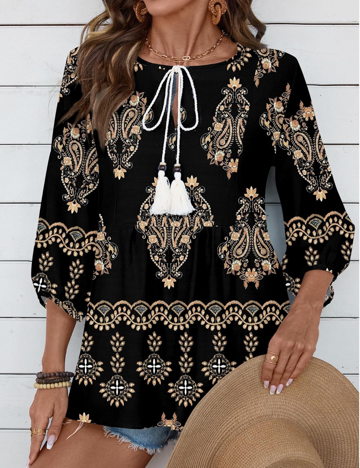 Rapbin Women Summer Boho Tops 3/4 Sleeve Pleated Blouses Casual V Neck Tie Front Spring Tunic Tops - Image 4