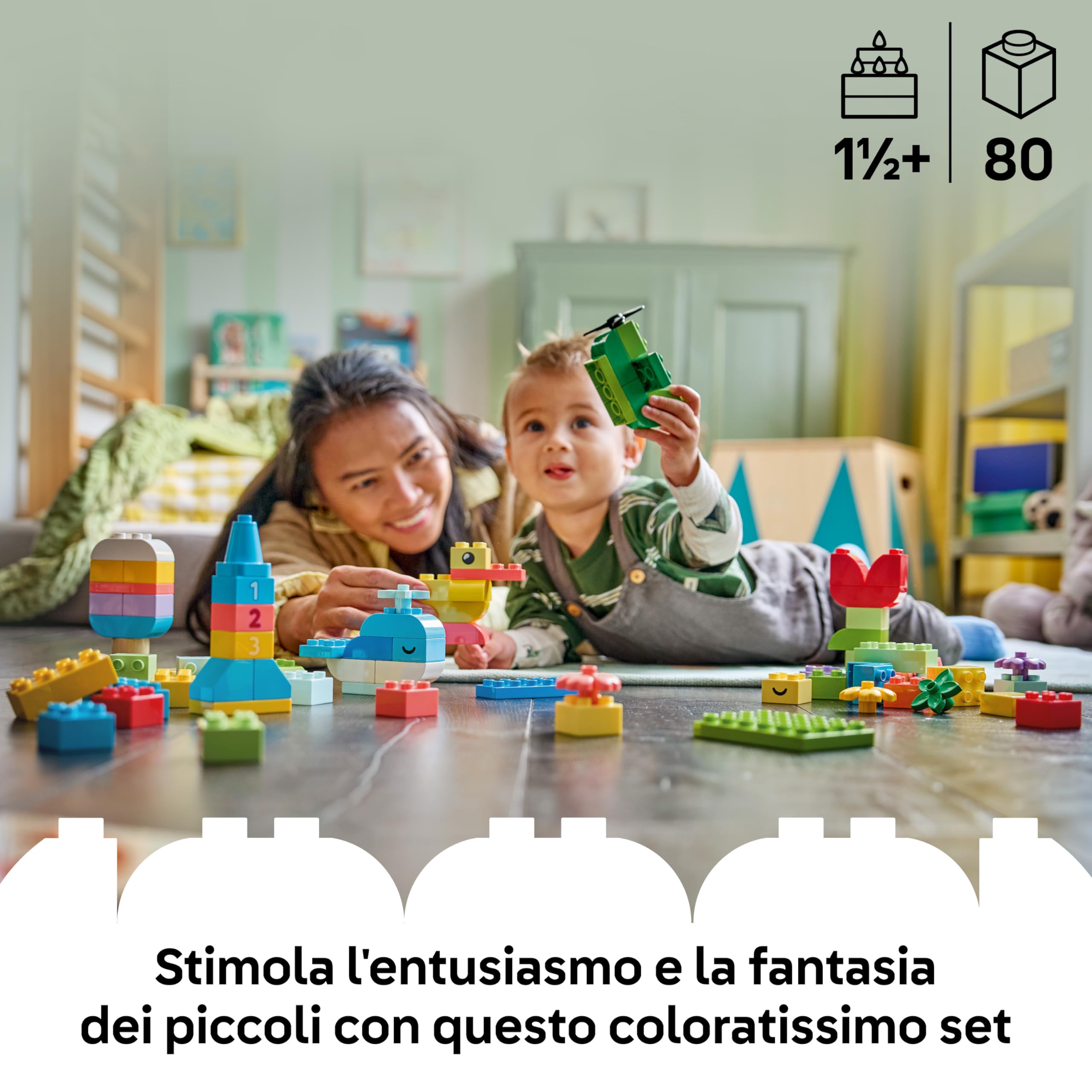 LEGO DUPLO Scatola Creativa Colorata - Giochi Didattici per lo Sviluppo della Motricità Fine - con Mattoncini con Numeri, Animali, Veicoli e Cibo - Regalo per Bambini e Bambine da 1 Anno in su - 10479