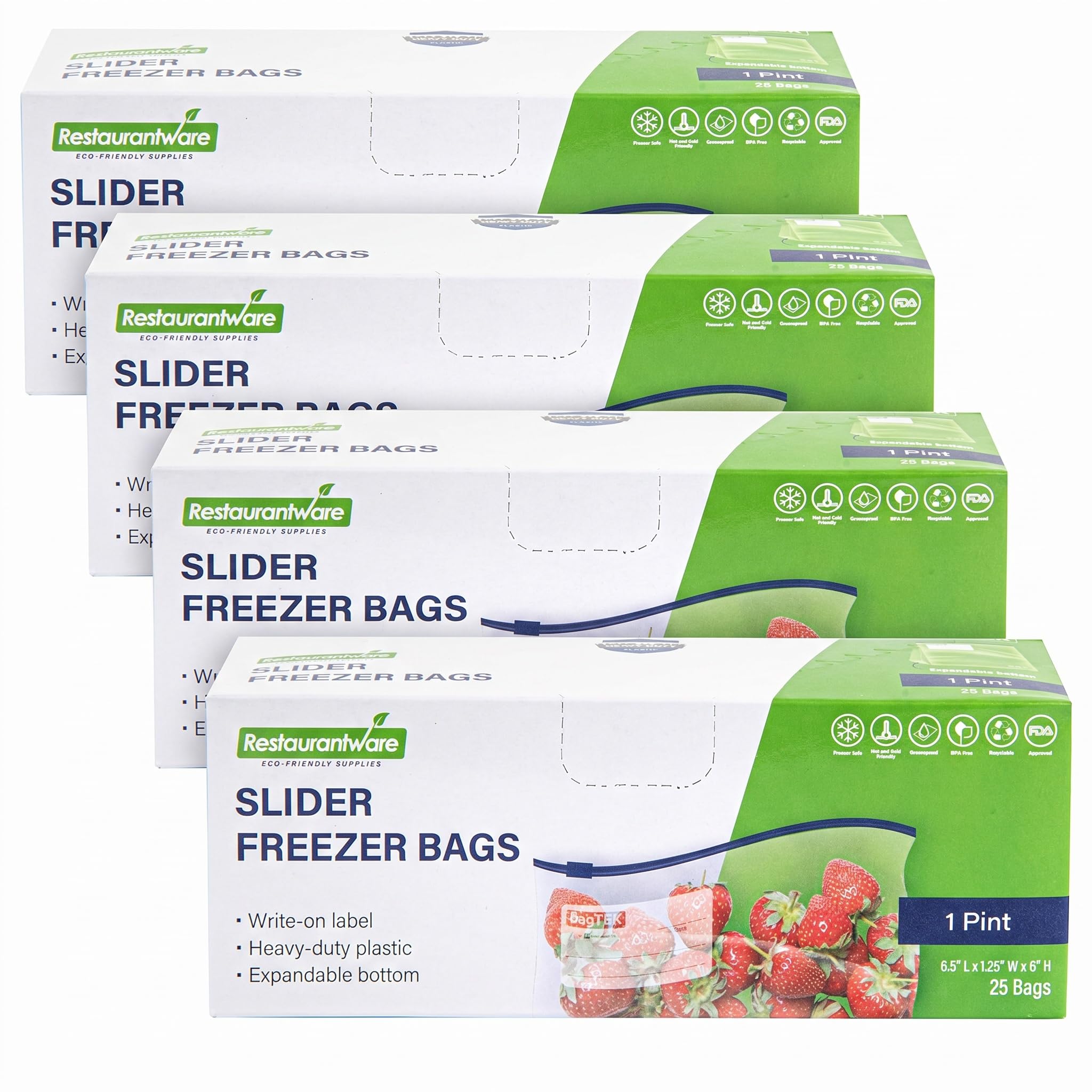 Restaurantware Bag Tek 1 Pint Freezer Slider Bags 25 Disposable Zipper Pouch Bags - Slide Zipper Expandable Bottom Clear Plastic Freezer Bags With Write-On-Label For Food Storage (Pack of 4)