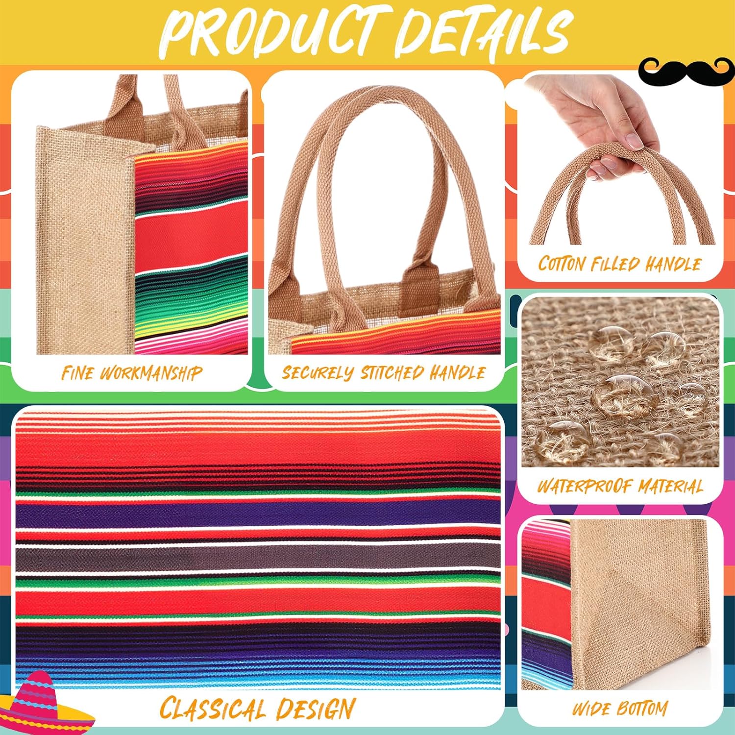 6 Pcs Mexican Jute Burlap Tote Bags for Women Fiesta Cinco De Mayo Goodie Treat Bags for Mexican Party Decorations Fiesta Themed Baby Shower Supplies 12 x 12 x 7.8 Inch