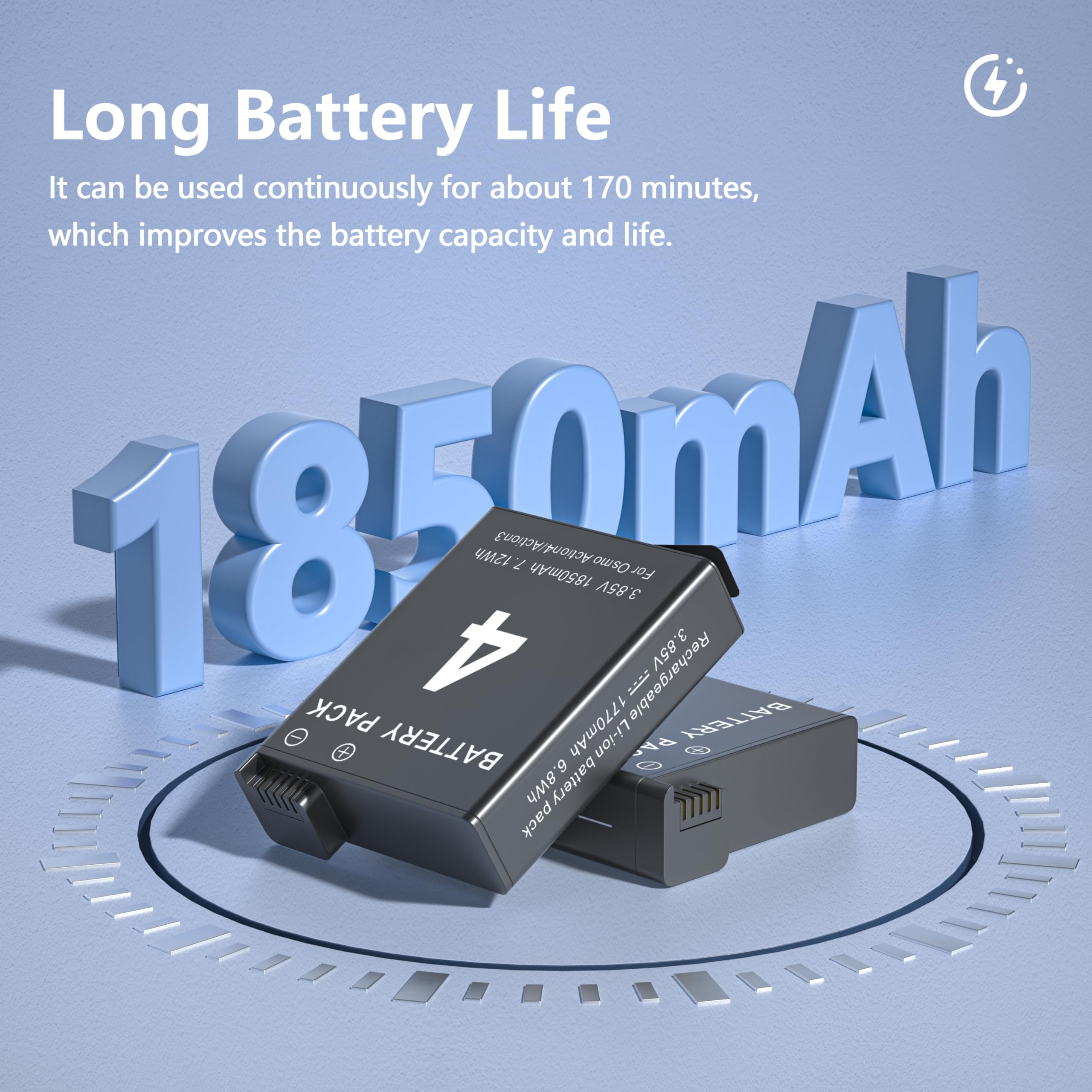 2 Batería 1850mAh Repuesto y Cargador para dji Osmo Action 6/5 Pro/4/3 | Batería y Cargador Rápido USB de 2 Canales para Dji Osmo Action 6,Osmo Action 5 Pro,Osmo Action 4,Osmo Action 3 Acción Cámara