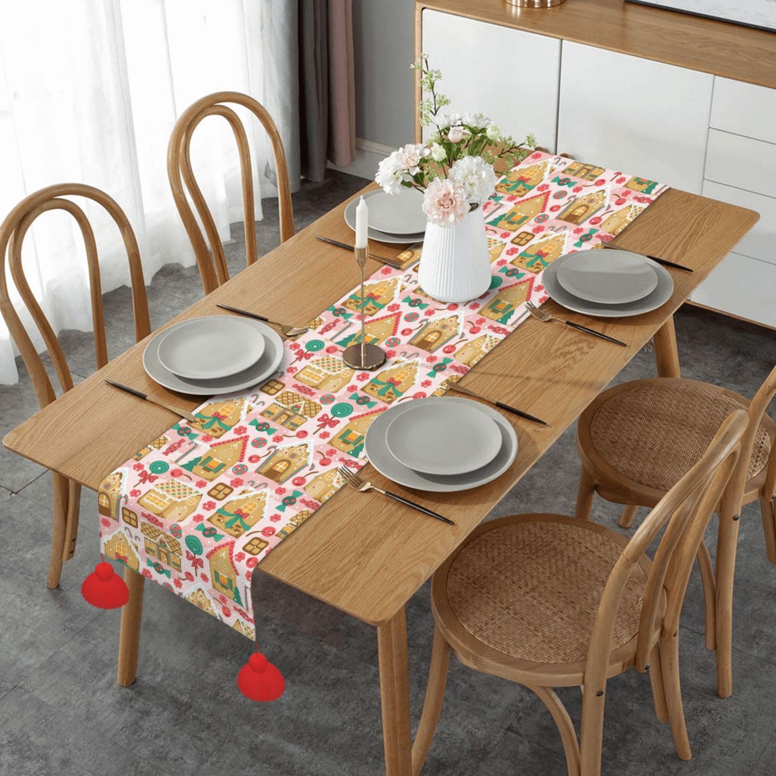 Chemin de table de Noël 35x152 cm antidérapant à pompons motif pain d'épices