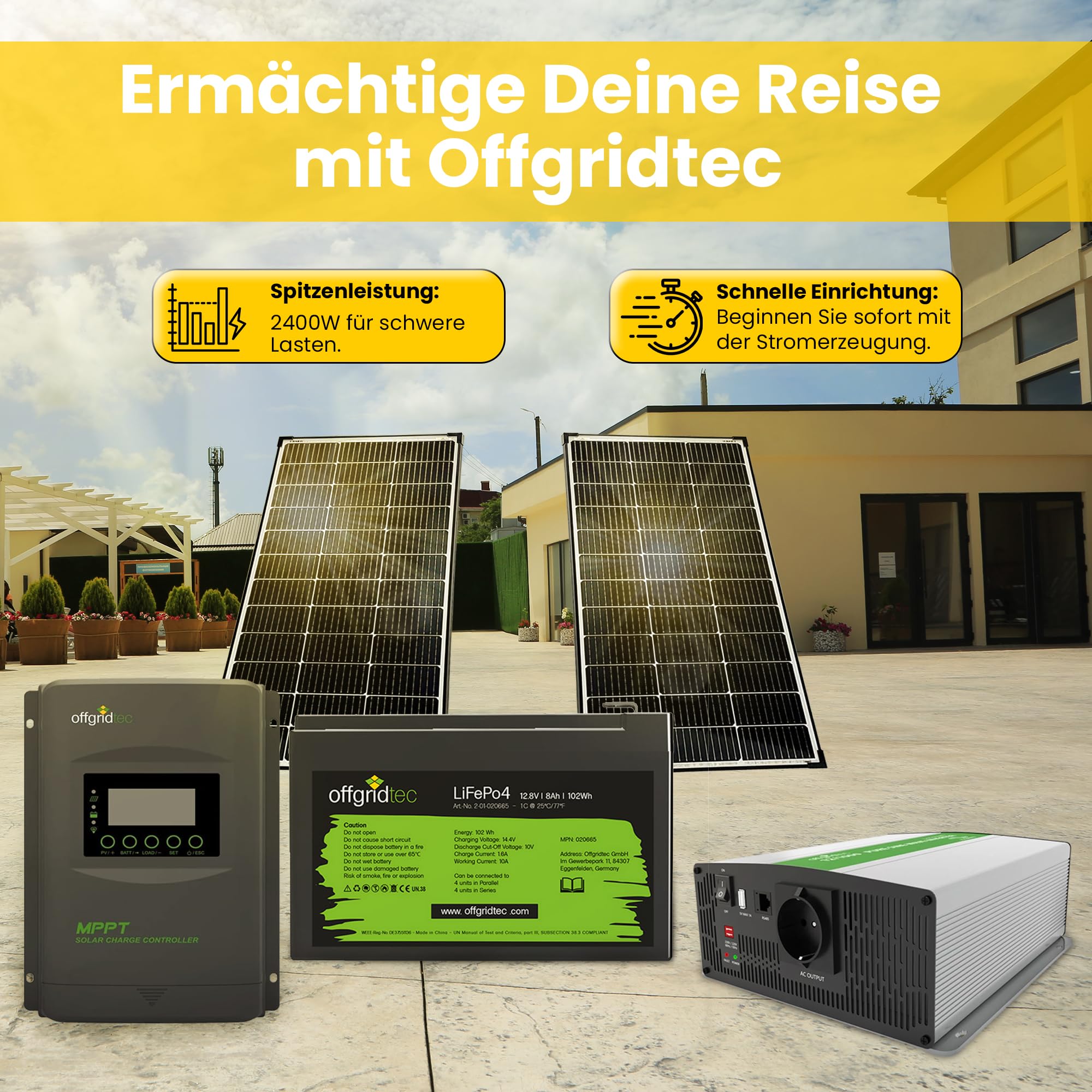 Offgridtec Autark Pro M 200W Solaranlage, 1500W AC Leistung, 100Ah LiFePO4 Akku, MPPT Laderegler mit Display, Plug & Play, Sinus-Spannungswandler, USB-Ausgänge, Für Wohnmobil und autarke Haushalte