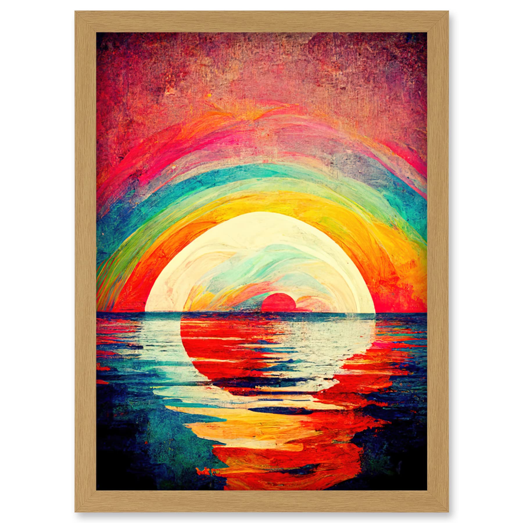 Doppelganger33 LTD Rainbow Sunset At Sea Vibrant Expressionism Artwork Framed Wall Art Print A4