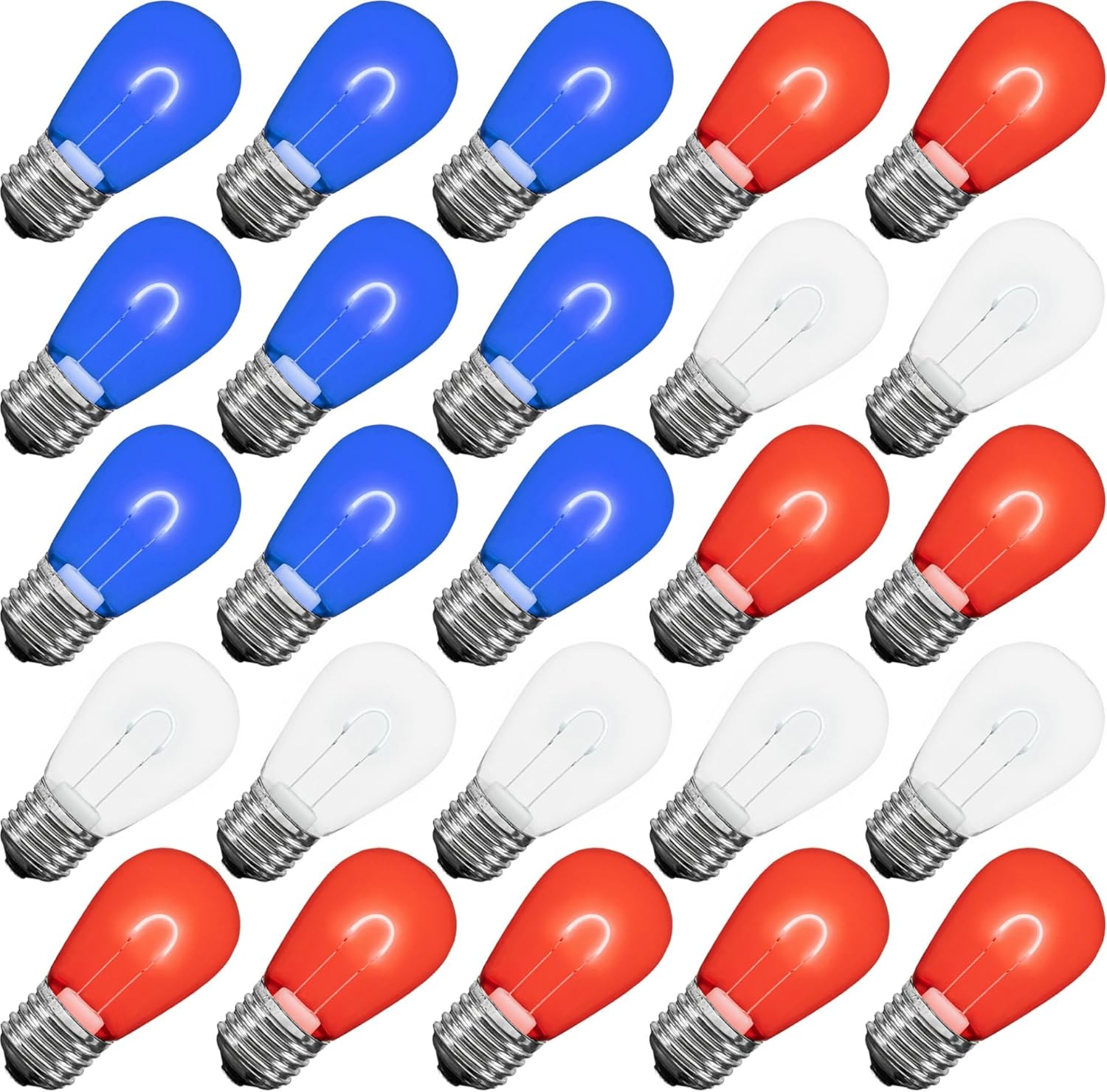 Novelty Lights 25 Pack S14 LED Glass Flex Filament Outdoor Patio Globe Replacement Bulbs, Red/White/Blue, Dimmable, E26 Medium Base, 0.8 Watt