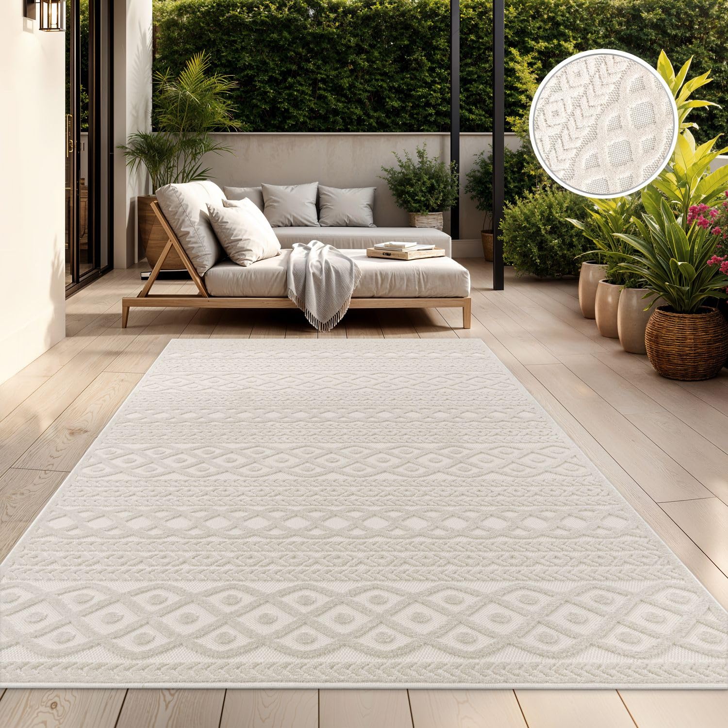 TT Home Tapis D'Intérieur Et D'Extérieur Résistant Aux Intempéries Balcon Chambre À Coucher Motif Boho Skandi Aspect Géométrique, Couleur:Crème 4, Dimension:160x230 cm