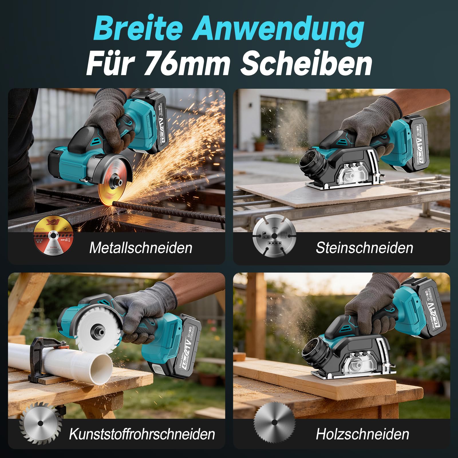Mini Akku Winkelschleifer 76mm Kompatibel mit Makita 18V Akkus, 19500RPM Akku Flex mit 2×4.0Ah Batterien, Trennschleifer mit 5 Trennscheiben für Metall/Holz/Fliesen | Mit Staubschutzhaube