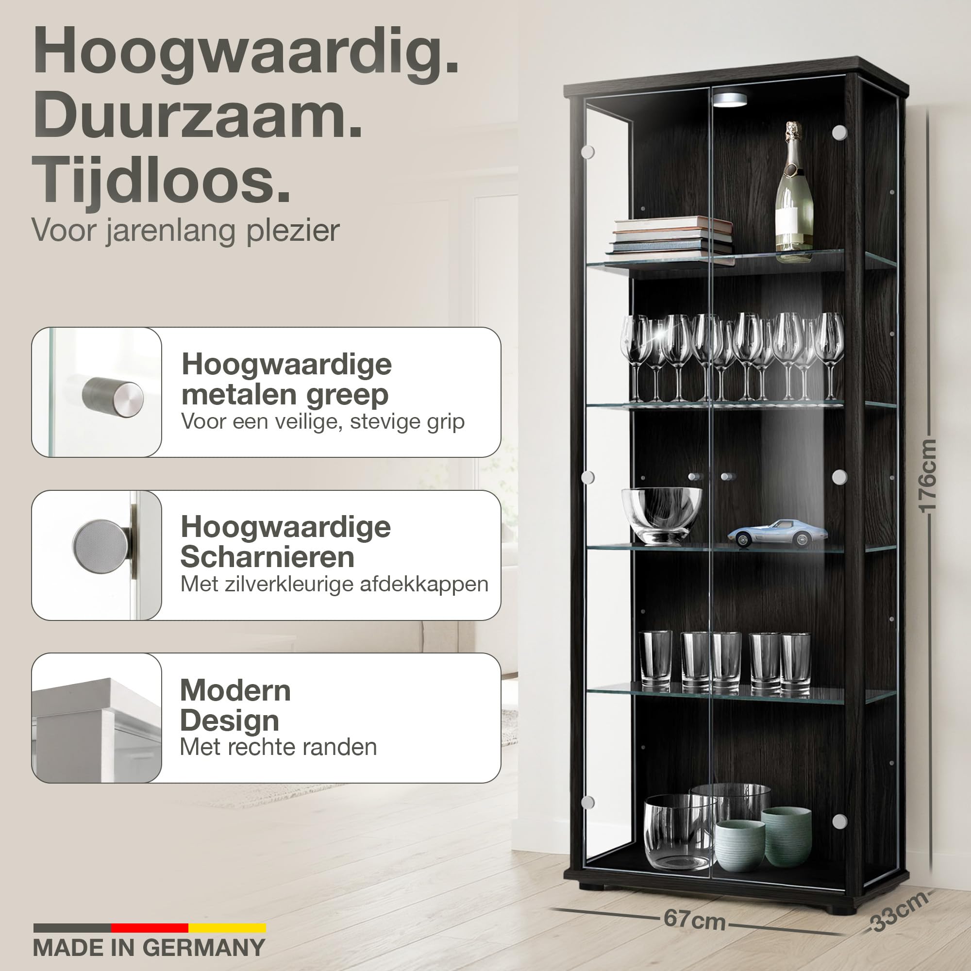 K-Möbel Wandkast (80x60x25cm) - Gemaakt in Duitsland - Vitrinekast wand met 2 in hoogte