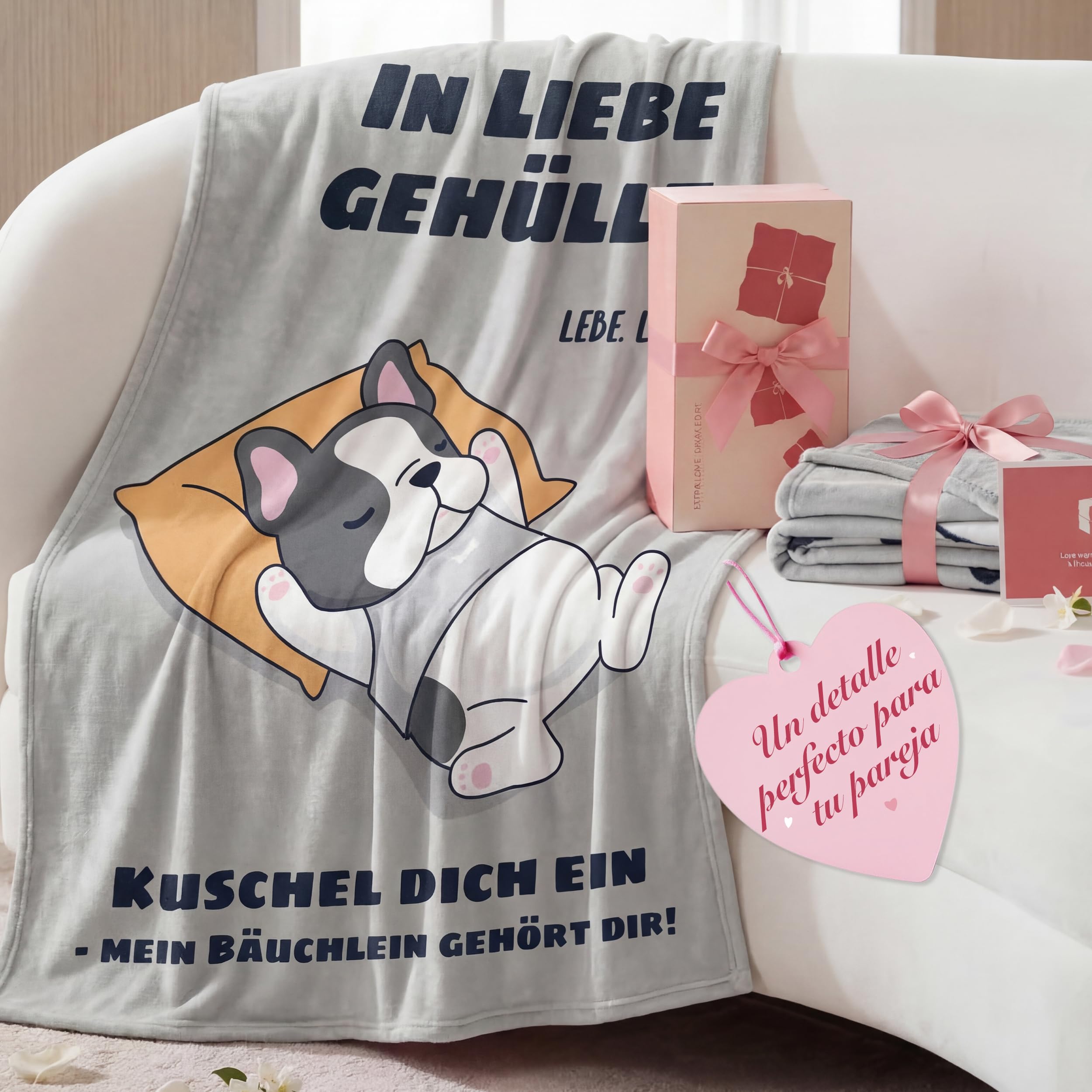 BEDSURE Geschenke für Freundin Kuscheldecke - Deko Decke für Freund, Papa, Oma, Mama & Frauen - Weiche Flauschige Fleecedecke, Geschenk für Muttertag, Vatertag, Geburtstag - 130x150 cm Grau Bulldogge
