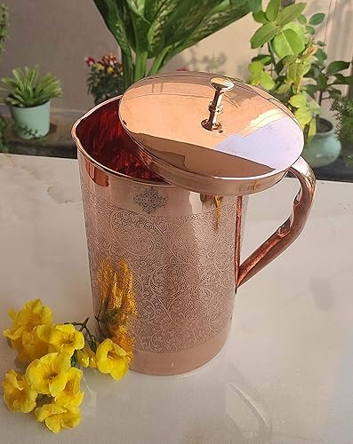 Miniatura 5 de Indian Art Villa Jarra de cobre con diseño en relieve completo con perilla de latón, almacenamiento y vasos, 67 onzas