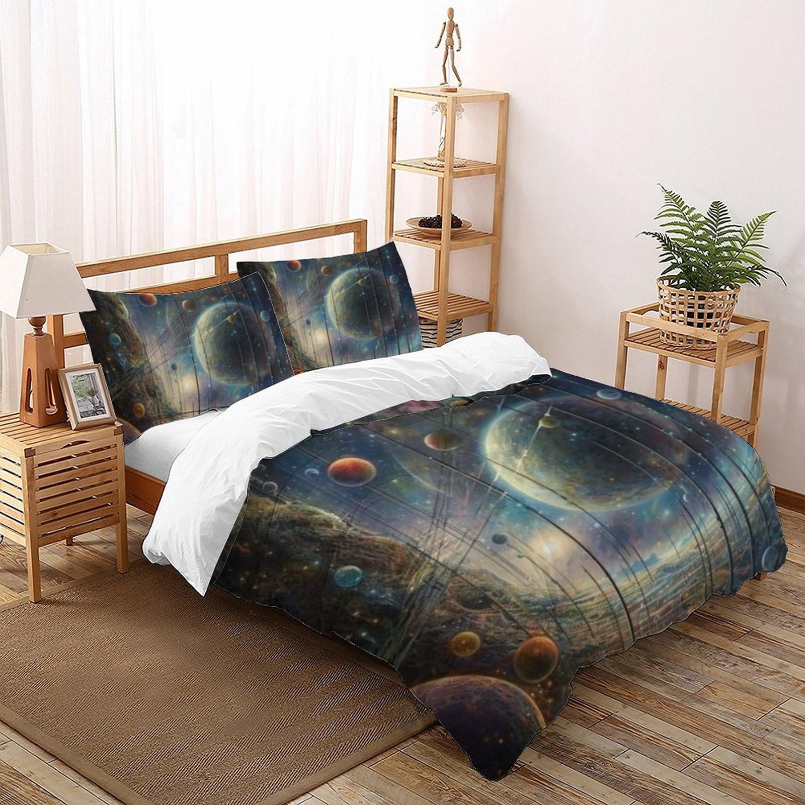 Housse de couette double planètes en microfibre 200x200cm pour lit enfant