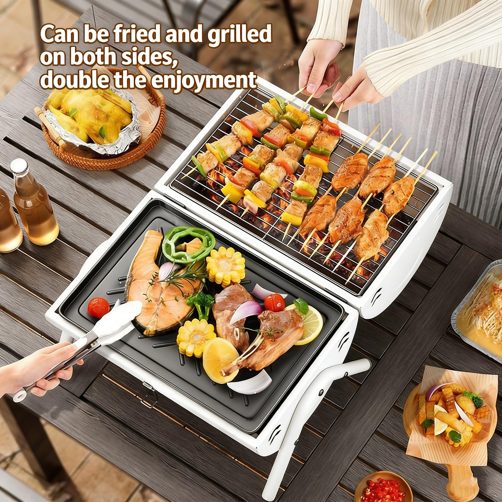 Przenośny grill na węgiel drzewny, składany grill na kemping, gotowanie na świeżym powietrzu, łatwa instalacja, dwustronna taca do smażenia na piknik, do ogrodu, na imprezy na plaży