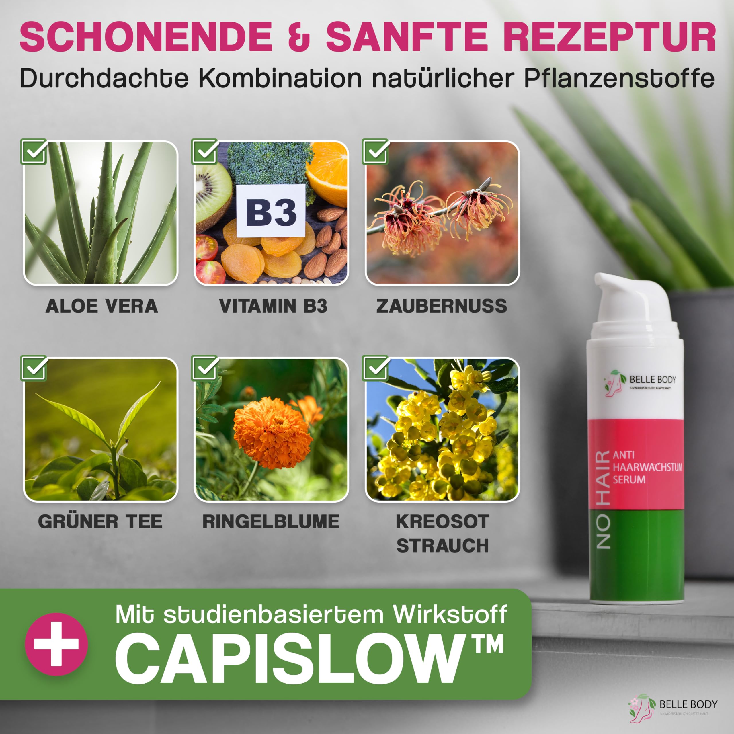 Belle Body Anti Haarwachstums-Serum 1x50ml – Mit CapiSlow™ & Vitamin B3, reduziert effektiv Haarwachstum, pflegt & beruhigt die Haut, ideal nach der Haarentfernung – Für Gesicht & Körper