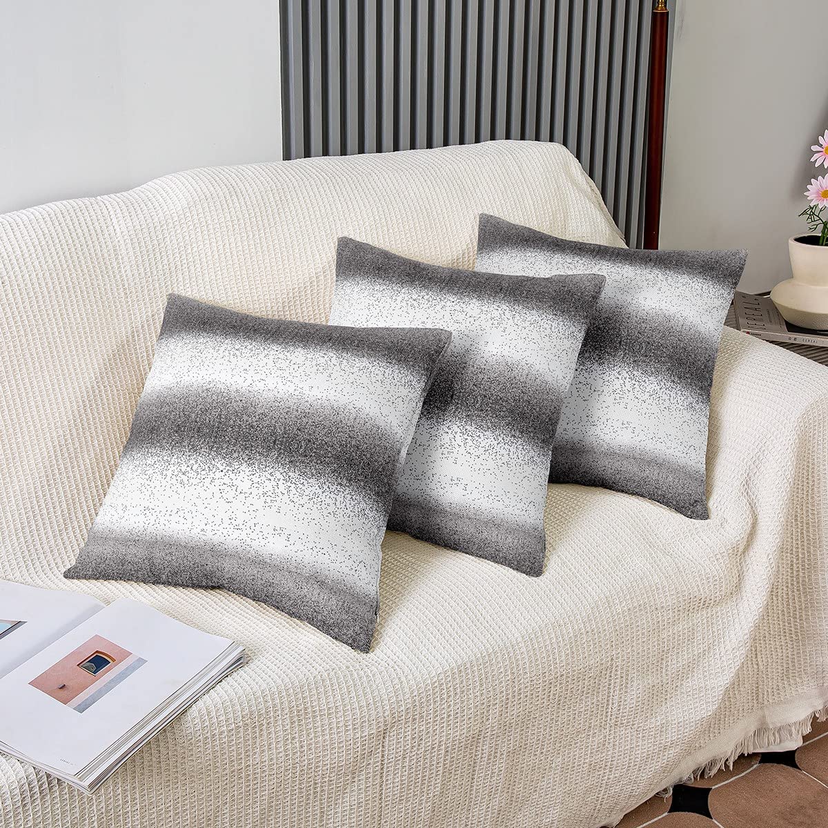 Juego de 4 fundas de cojín cuadradas de rayas grises y blancas degradadas, juego de 4 fundas de almohada geométricas reversibles para decoración, fundas de almohada geométricas, decoración del hogar,
