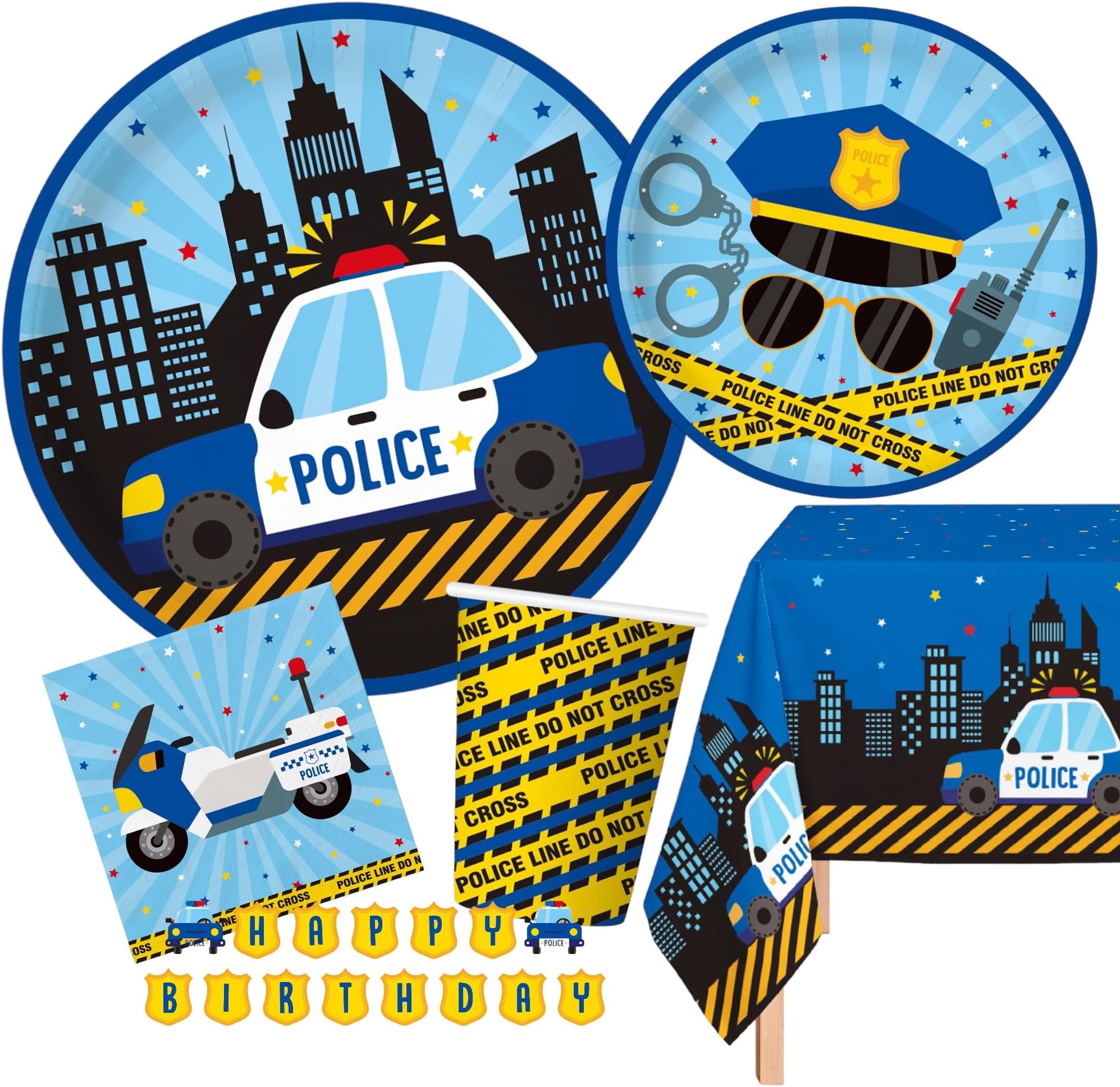 Oojami Serves 24 Police themed birthday party supplies Includes plates, cups, napkins,table cover, happy birthday banner, Ideal for Police officer and Police car and motorcycle theme party decor