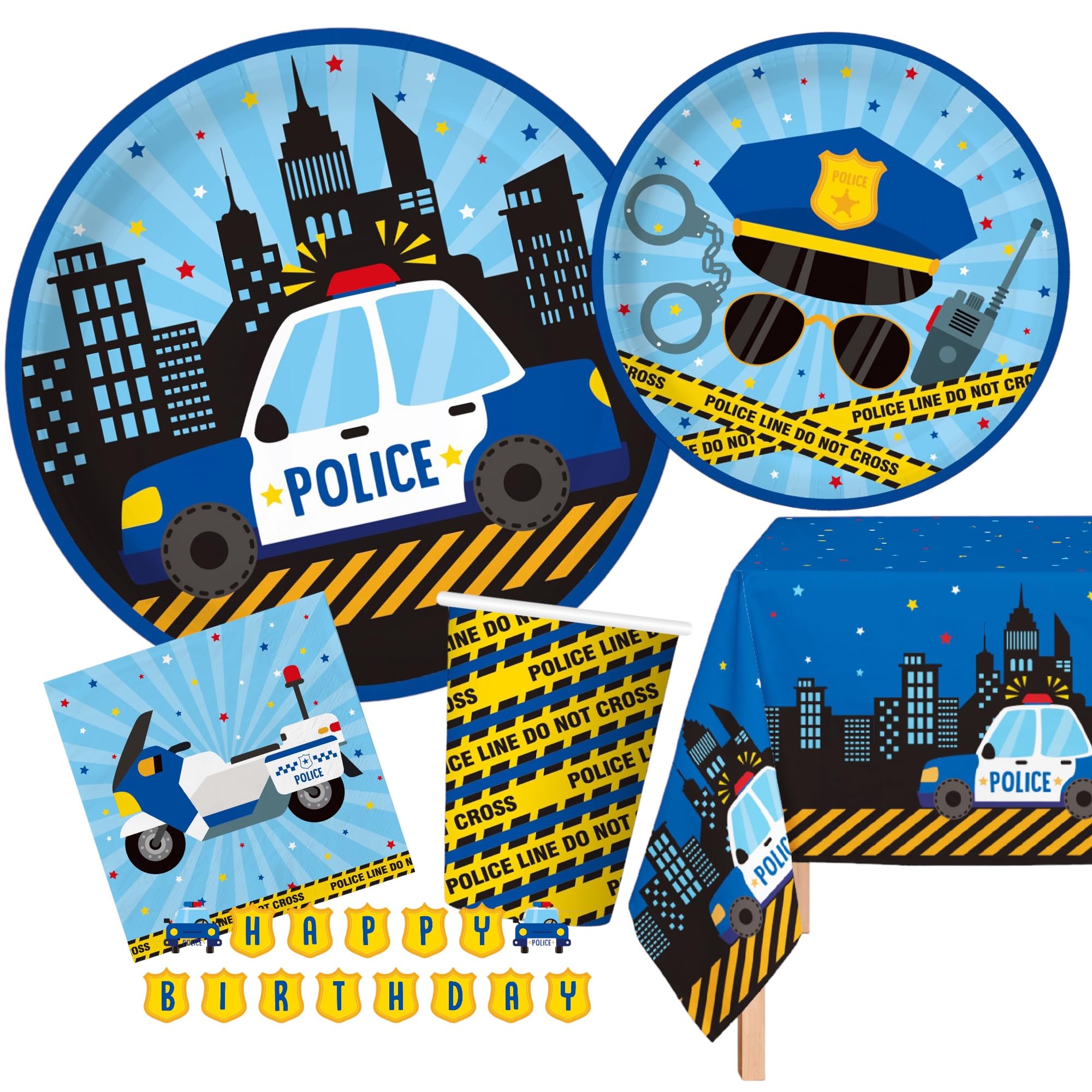 Oojami Serves 24 Police themed birthday party supplies Includes plates, cups, napkins,table cover, happy birthday banner, Ideal for Police officer and Police car and motorcycle theme party decor