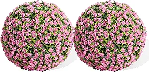 17.7" Artificial Topiary Flower Balls, Set of 2 Decorative Topiary Balls Hanging Grass Ball for Home Decor Indoor and Outdoor,Pink