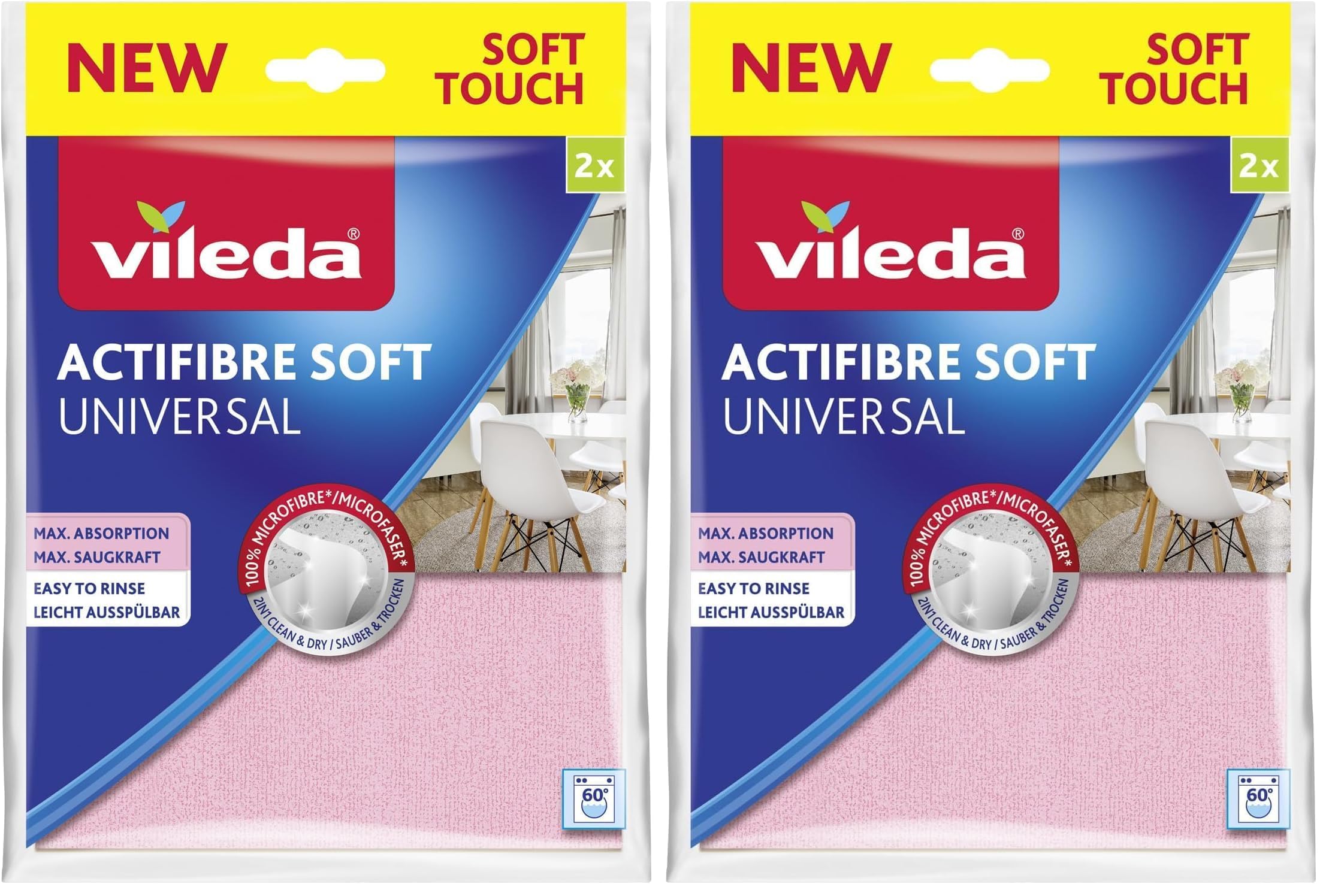 Vileda Actifibre Soft Universal, 2er Set MikrofasertüCher - streifenfreie ReinigungstüCher mit extrem hoher Saugkraft für Küchen & Bad - saugstarkes Mikrofasertuch ohne Chemie - Rosa & Grau