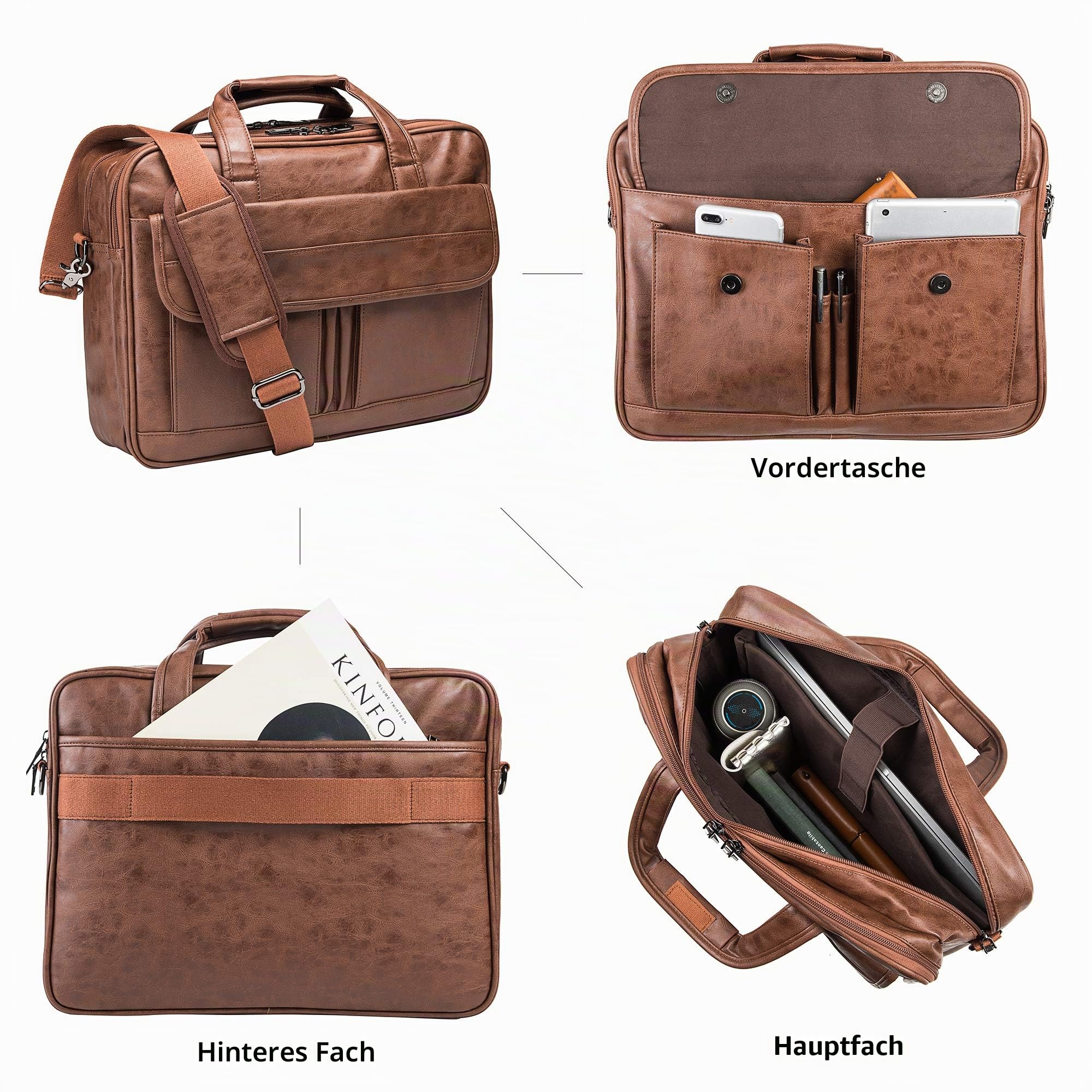 seyfocnia Aktentasche Herren ,laptoptasche PU Leder Laptoptasche 15 zoll, Wasserabweisend Business Taschen Herren , Lehrertasche Laptop Tasche für Die Arbeit (15.6 Zoll Braun)