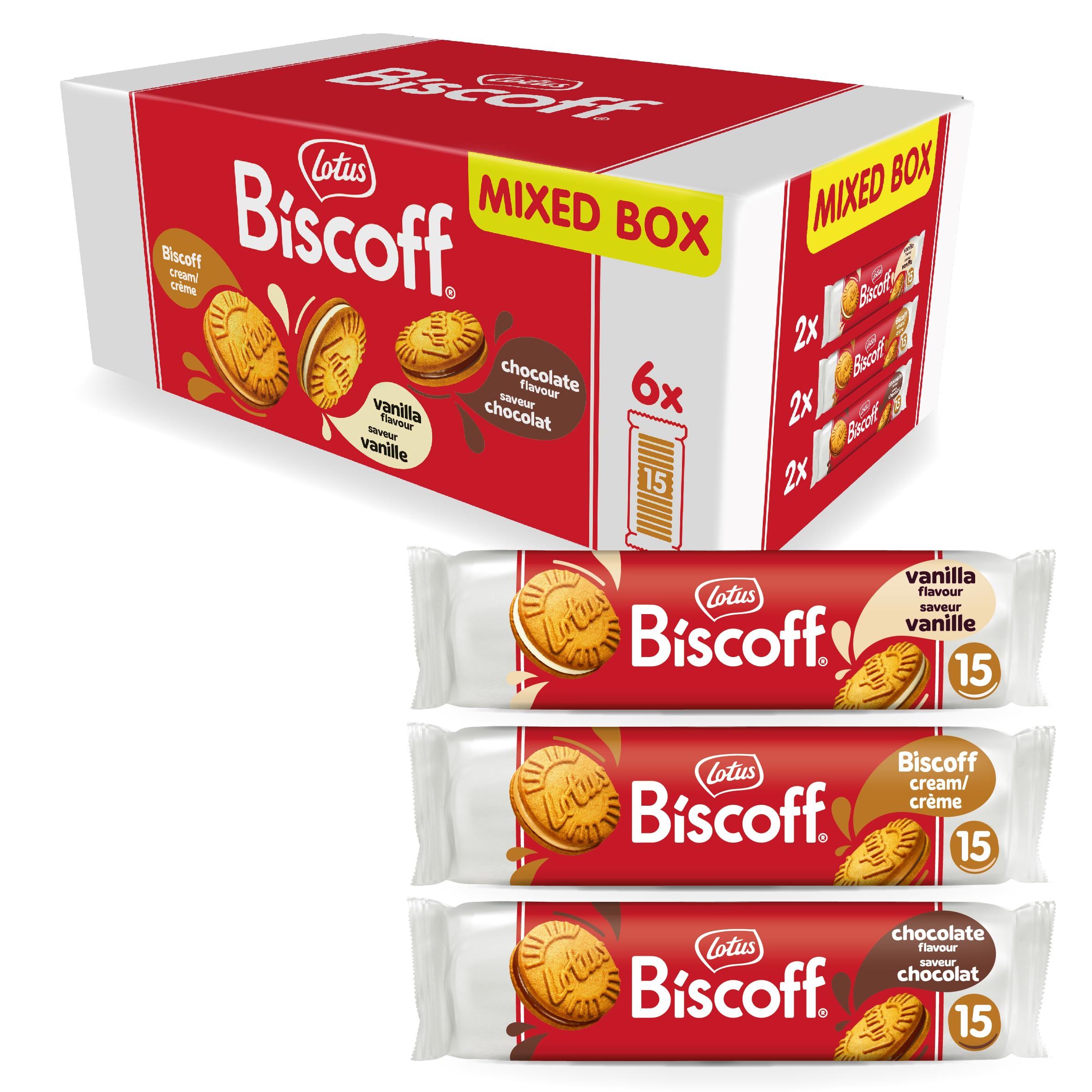 Lotus Biscoff Sandwich Biscuits Variety Pack, 6 Packs x 150g (3 Varieties, 2 Packs Each), 15 Sandwich Biscuits per Pack, Ingredients from Natural Origin, No Colours