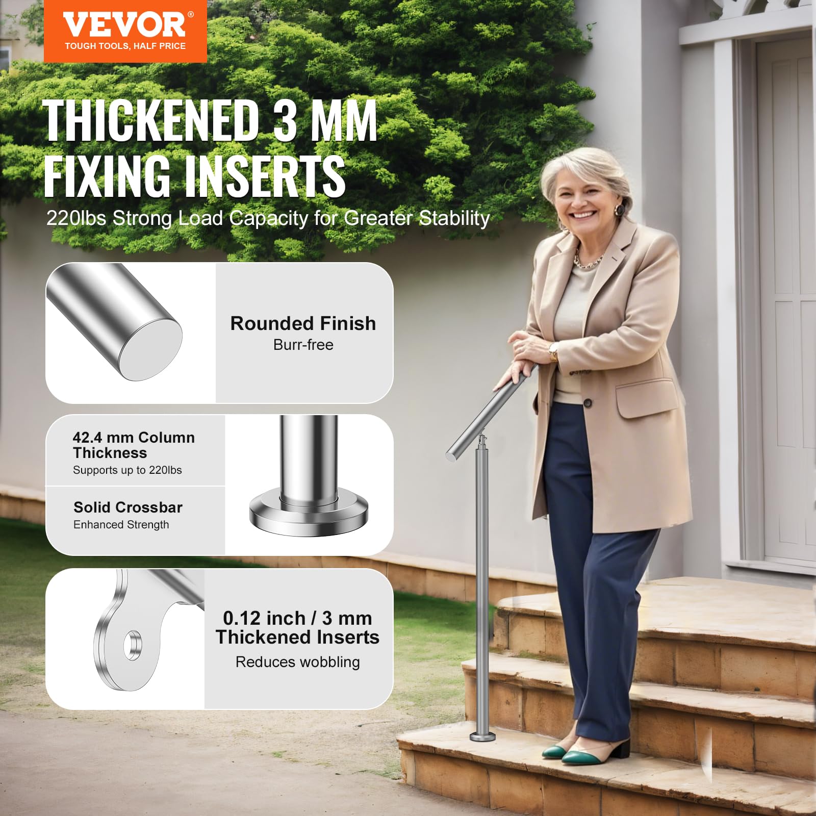 VEVOR Corrimano per Gradini Esterni, Kit Corrimano per Scale 100 cm Lunghezza, Ringhiere di Transizione in Acciaio Inox con Kit di Installazione, Corrimano Scale Doppia Colonna per Veranda e Terrazza