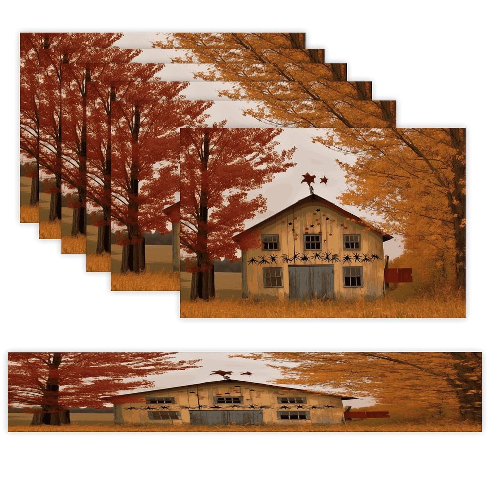 Fall Country Barn Table Runner and Placemats Set of 6 for Kitchen Washable Table Mats Heat Resistant Place Mats Non-Slip Place Mat Wipeable Placemat(6 Placemats+1 Table Runner)