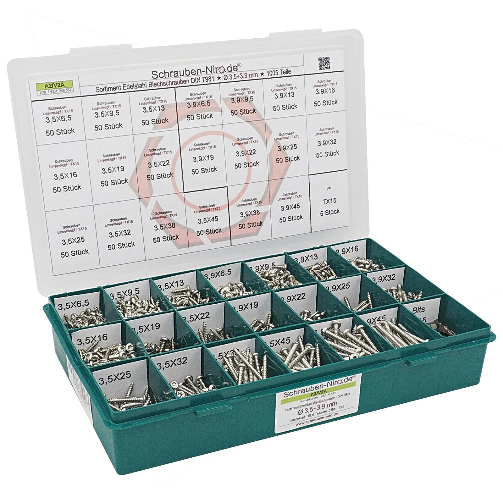 Sortiment Linsenkopf-Blechschrauben Edelstahl 3,5 und 3,9 mm Durchmesser - ISO 14585 / DIN 7981 - Linsenblechschraube mit Innensechsrund (Torx) T15 - Werkstoff A2 (VA / V2A) - 1005 Teile