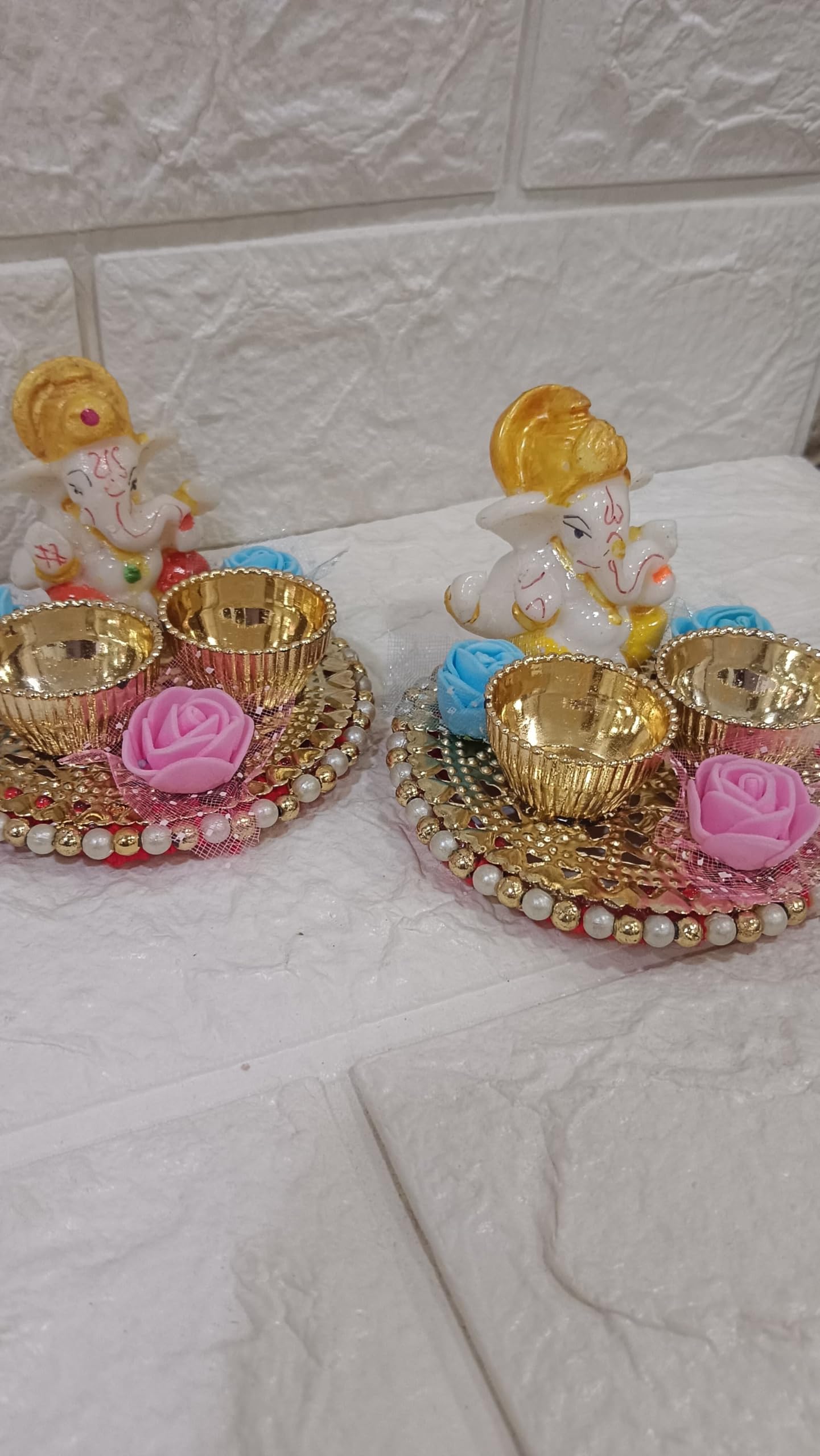 Nutts Lord Ganesh & Laxmi Ji Chandan Roli Kumkum Chawal Plater Holder Home Decorative Items for Pooja and Gift Purpose Set of 2 (Tealight-33) 3