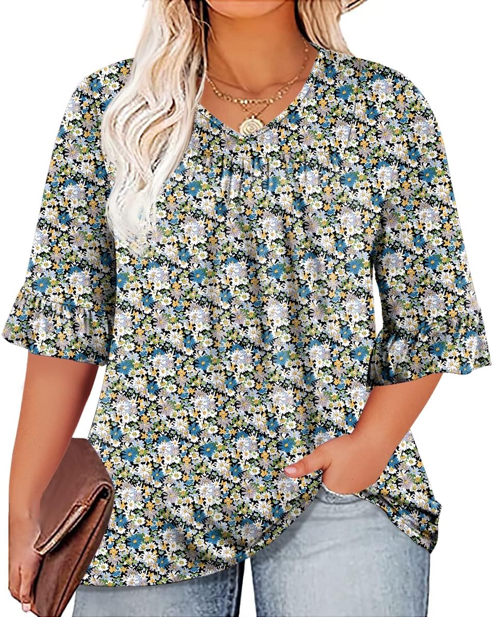 Micoson Womens Plus Size Tops 3/4 Ruffle Sleeve Shirt Casual V Neck Pleated T Shirt Loose Fit Tunic Blouse(1X-5X)