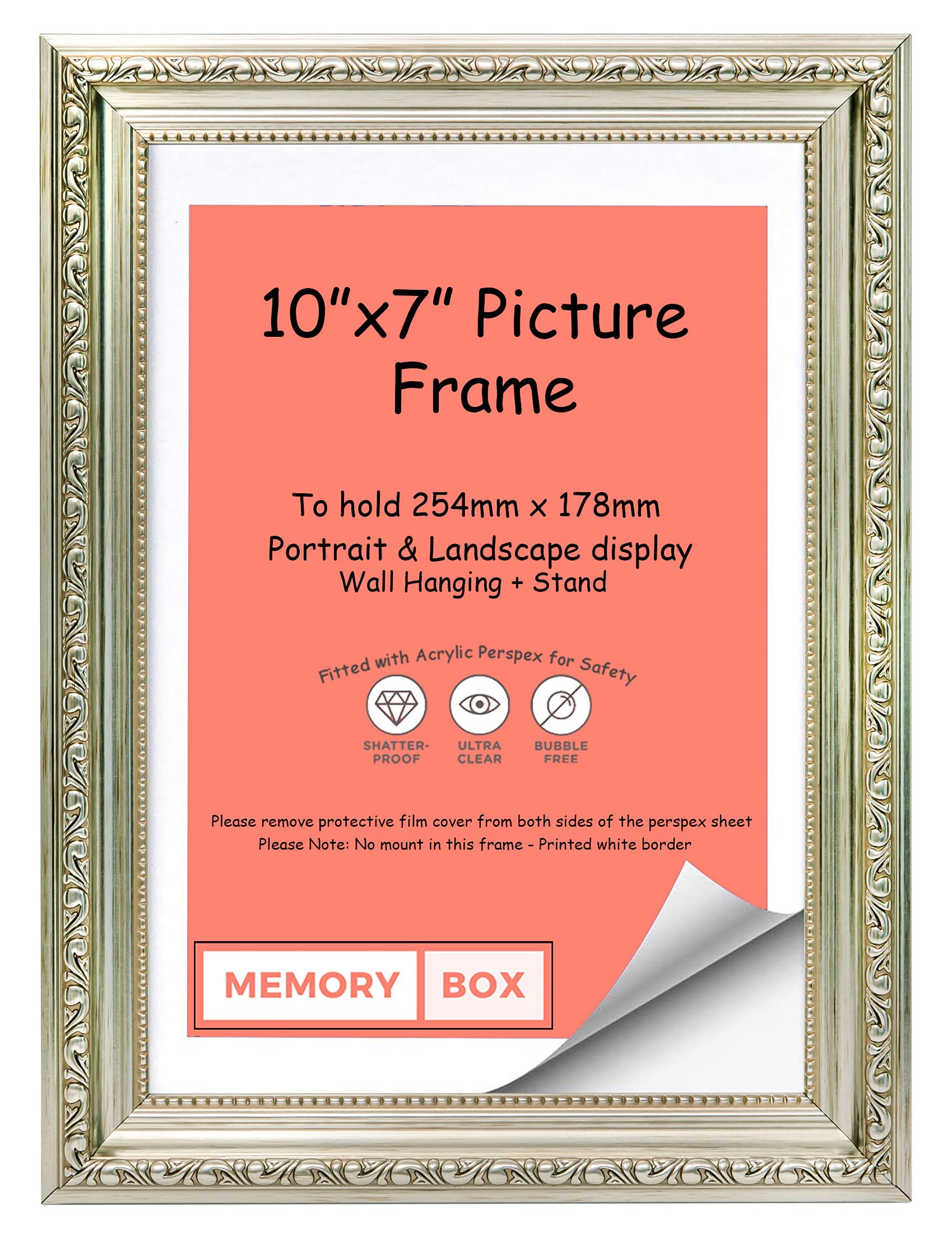 Memory Box Ornate Shabby Chic Picture/Photo/Poster frame with Perspex Sheet - (25.4 x 17.8cm) Silver 10" x 7"