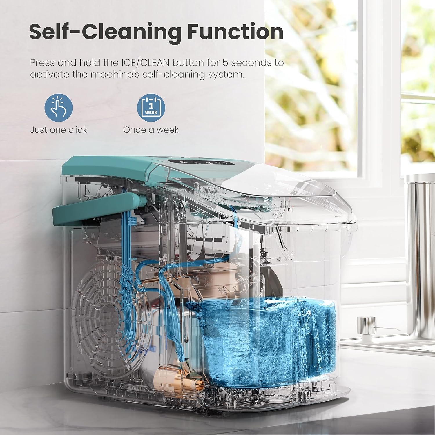 Crzoe Countertop Ice Maker, 26Lbs/24H, 2 Sizes of Ice, Self-Cleaning,Green | 8 Bullet Ice Cubes in 6 Mins,Portable Ice Machine for Home&Kitchen&Office&Party image 3