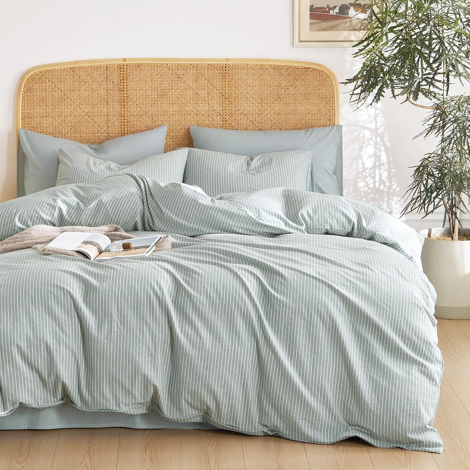 Wake In Cloud - Striped Cotton Duvet Cover Set, 100% Washed Cotton Textured Percale Bedding Set, Ticking Stripe Pinstripe Farmhouse, 3 Pieces, Greyish Blue, Queen Size