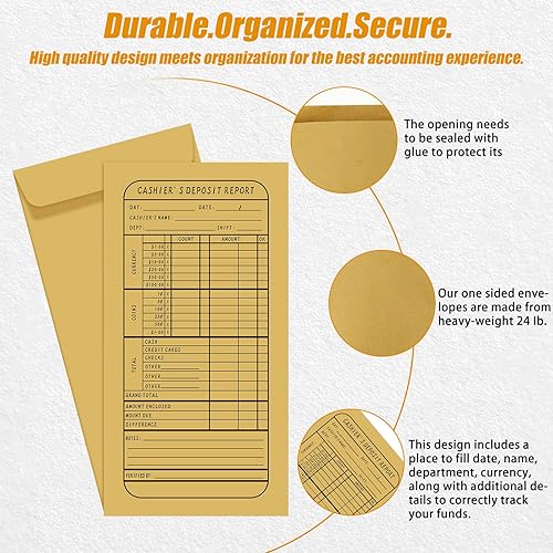 Miniatura 3 de BBTO 500 sobres de dinero para efectivo de 9.06 x 4.72 pulgadas, sobres autoadhesivos para informes de depósitos de cajero, papel kraft marrón,