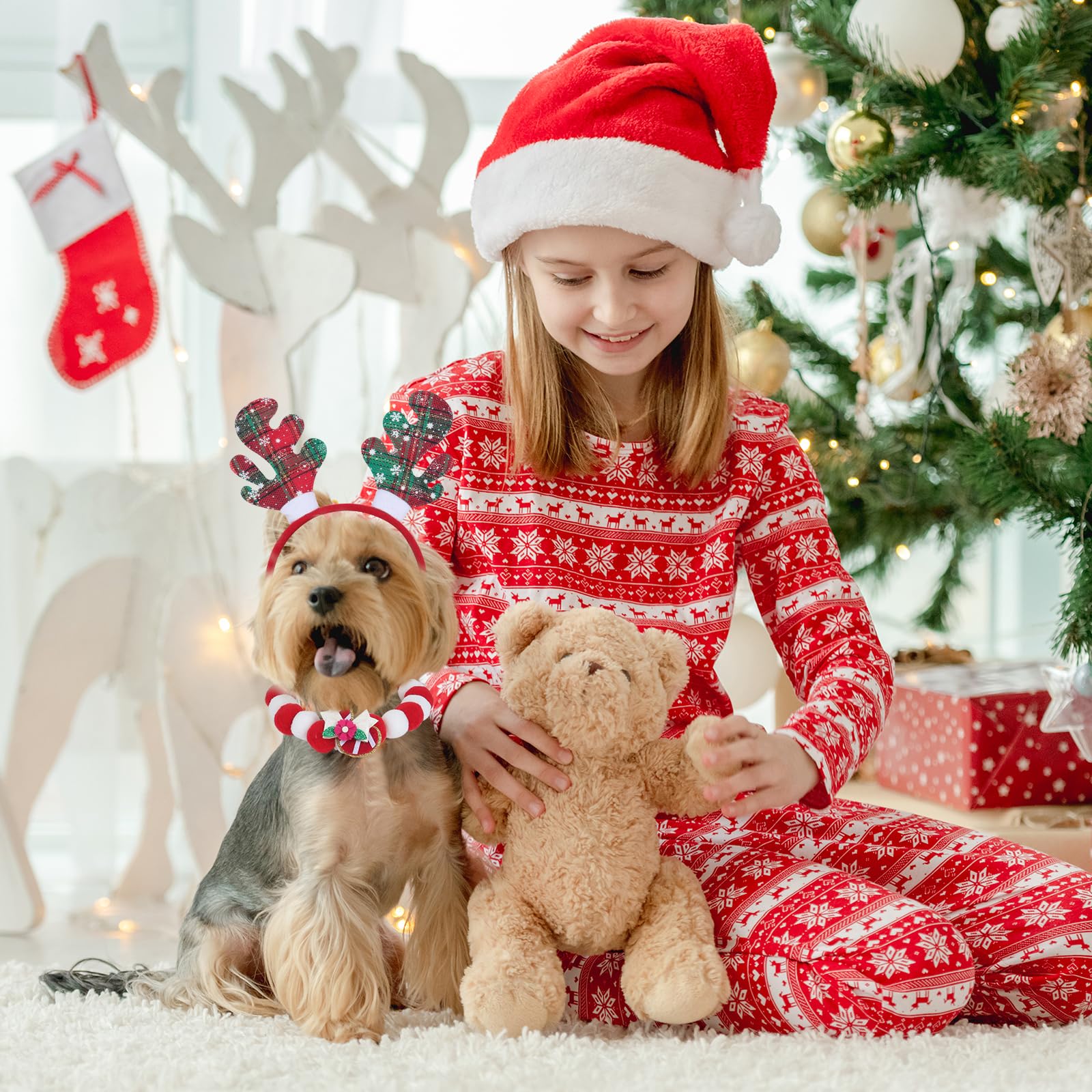 Cat Dog Christmas Outfit, Pet Christmas Costume, Christmas Pet Headwear, Xmas Small Dog Dress up, Christmas Reindeer Antlers Hat, Christmas Pom Pom Collar for Puppy Dog Cat - Image 4