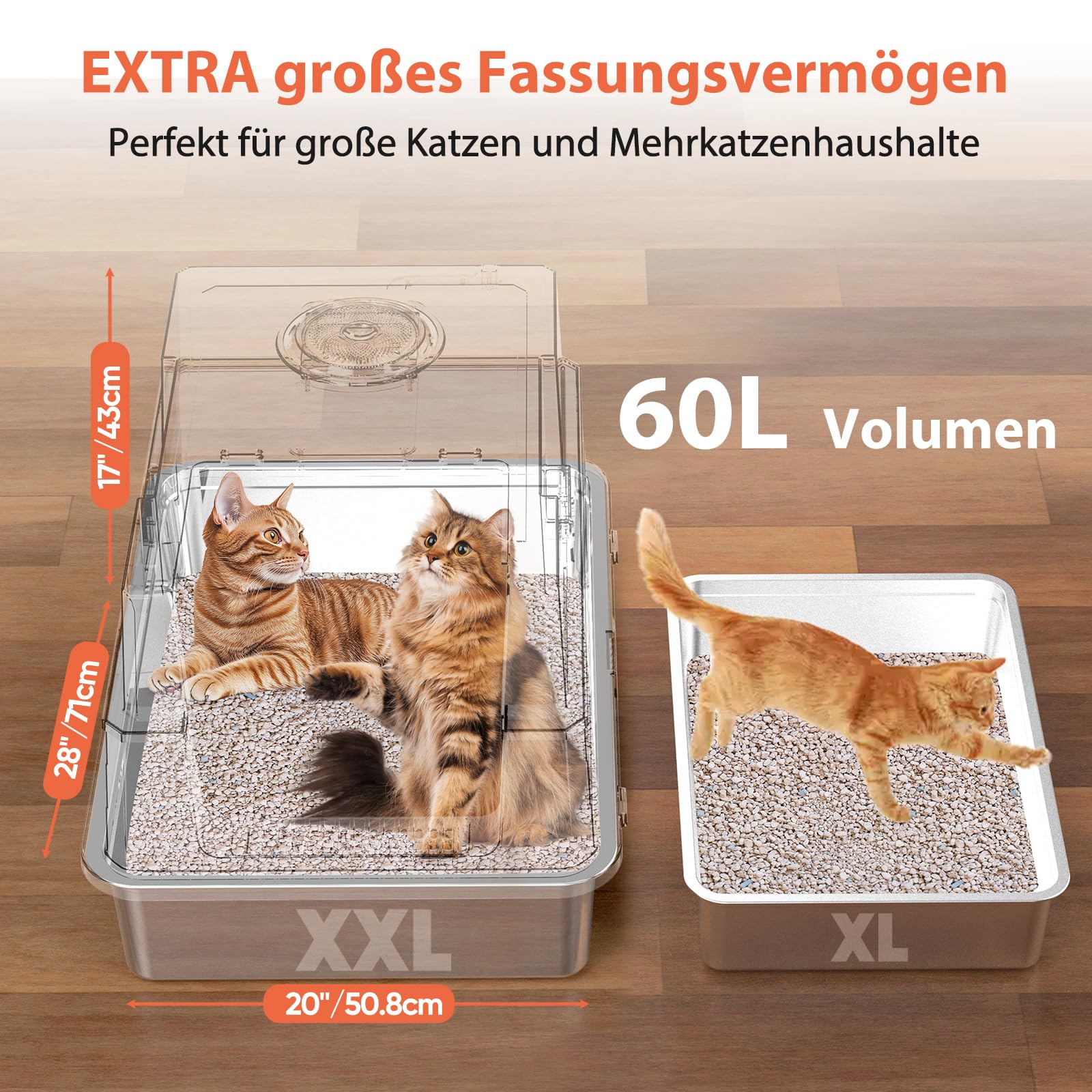 Katzenklo Edelstahl mit Deckel,Katzenklo Groß Katzentoilette XXXL Katzenklo Geschlossen mit Schaufel, Pedal & Matte, für große Katzen/mehrere Katzen