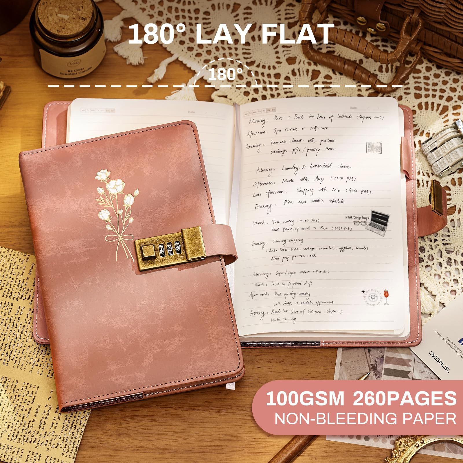 Ovesmusl Tagebuch mit Schloss für Mädchen, A5, Leder-Tagebuch für Damen, 260 Seiten, 100 g/m², nachfüllbares Tagebuch mit Schloss für Teenager, Geheimnisse, Blumen-Tagebücher mit