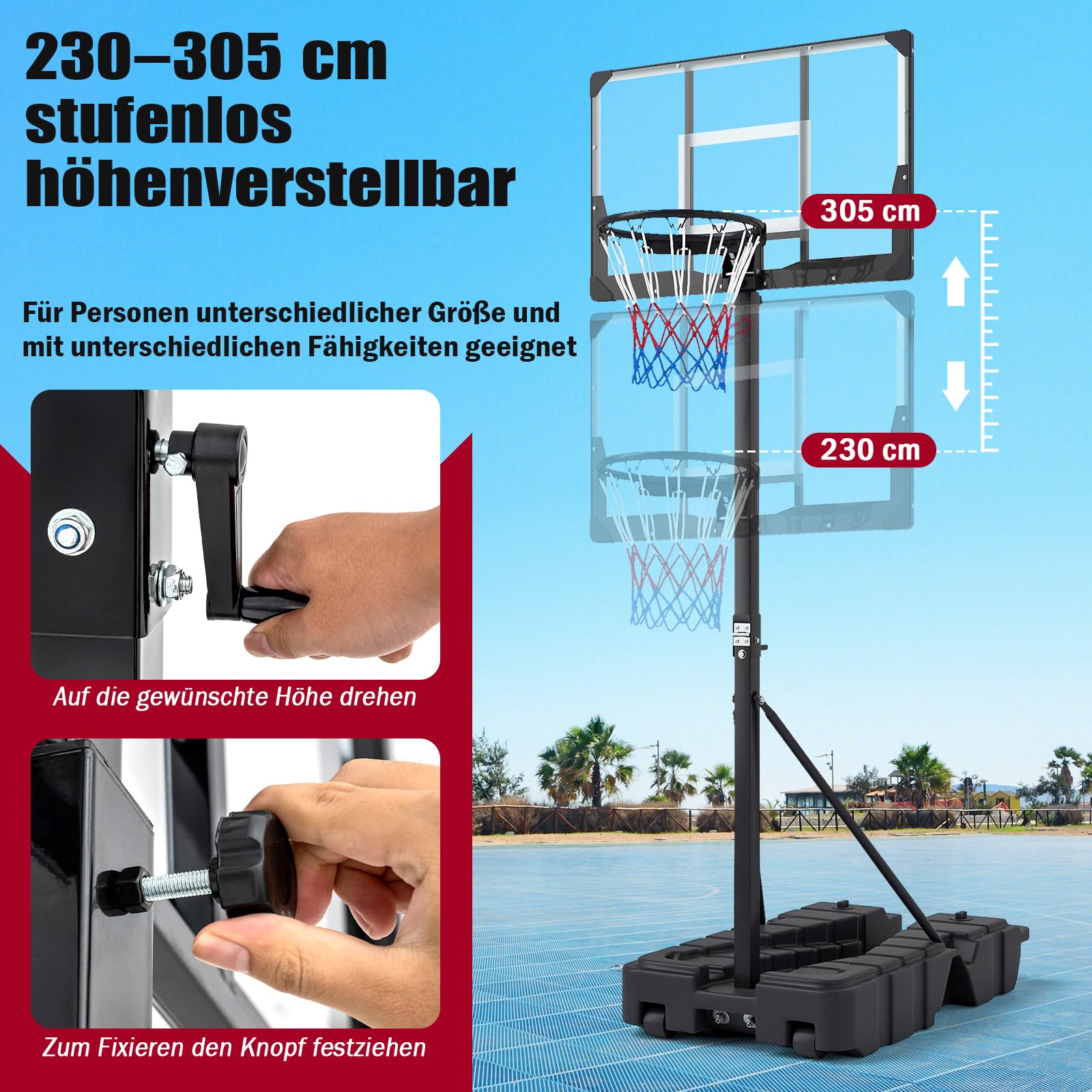 COSTWAY Basketballkorb Outdoor, 130-305cm höhenverstellbar, mobiles Korbsystem mit Ballaufbewahrung