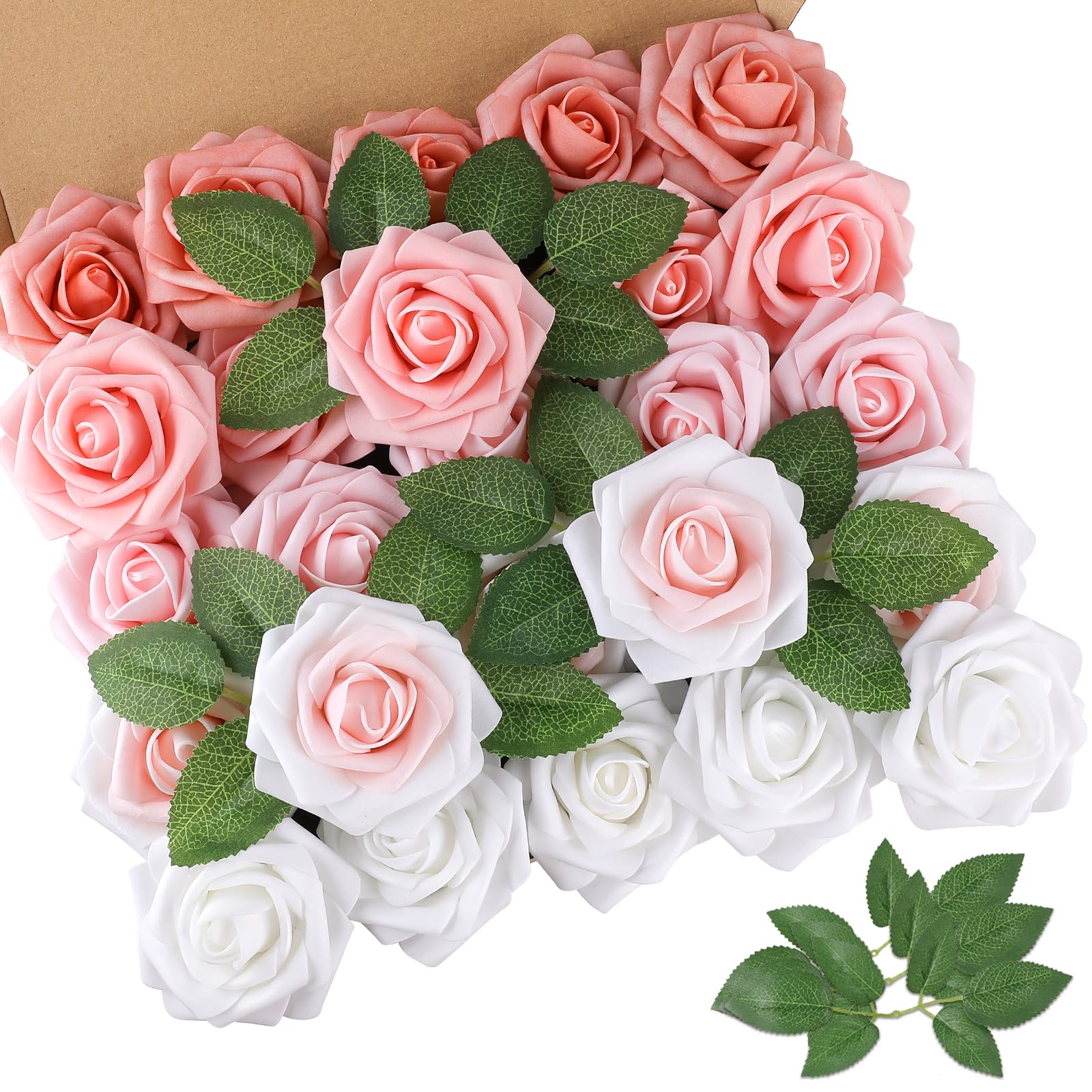 AmyHomie 25pcs Real Looking Artificial Shades of Blush Roses w/Stem for DIY Wedding Bouquets Centerpieces Arrangements Party Baby Shower Valentines