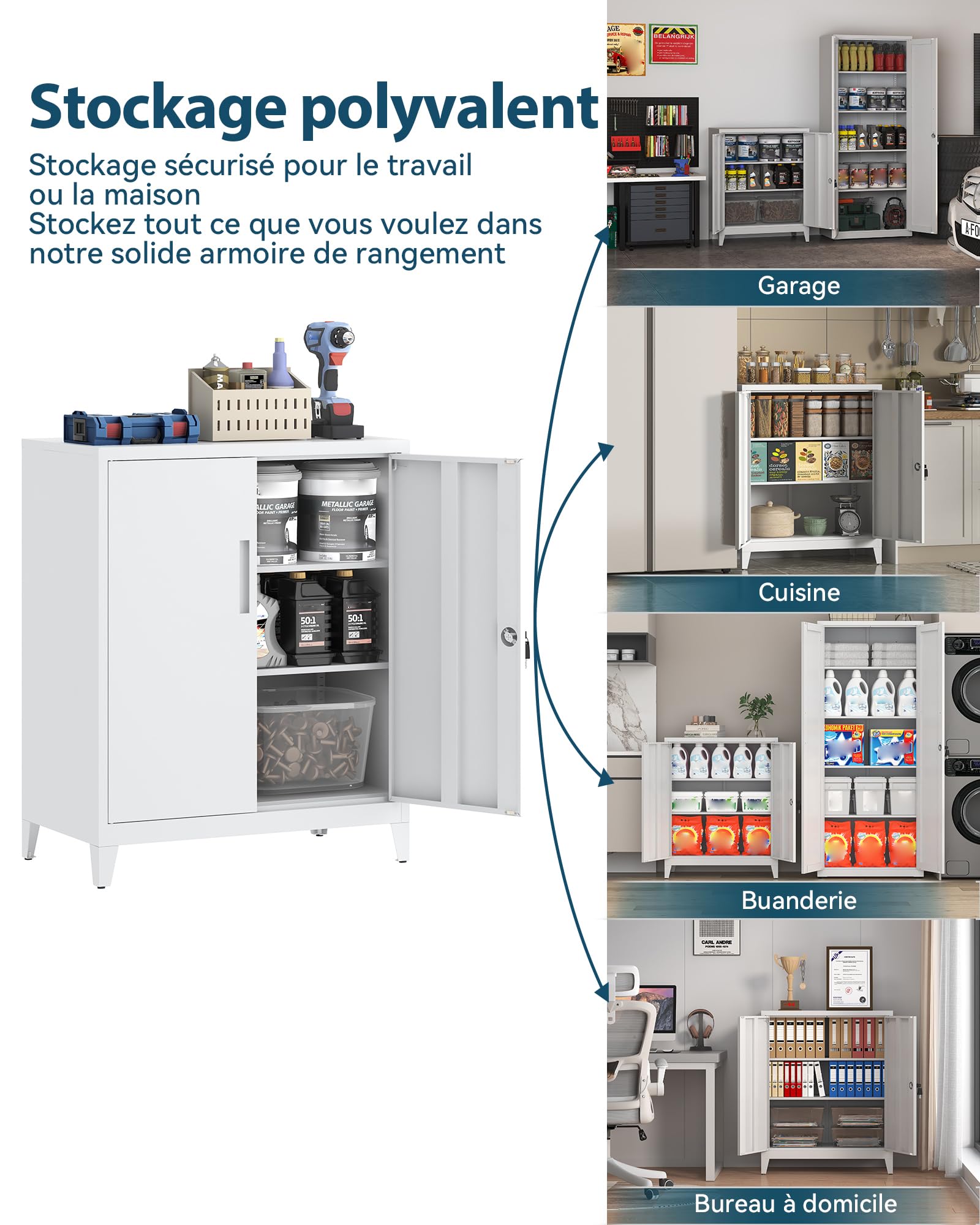 Armoire de Rangement en Métal, Armoire de Garage verrouillable avec 2 Étagères, de Bureau avec étagères Réglables, pour le Bureau, le Garage et la Buanderie, 40 x 80 x 100 cm, Blanc