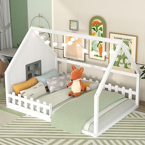 Bellemave Cama de casa de tamaño matrimonial para niños, cama Montessori de madera con valla y ventana, cama de piso completo con rieles para niñas