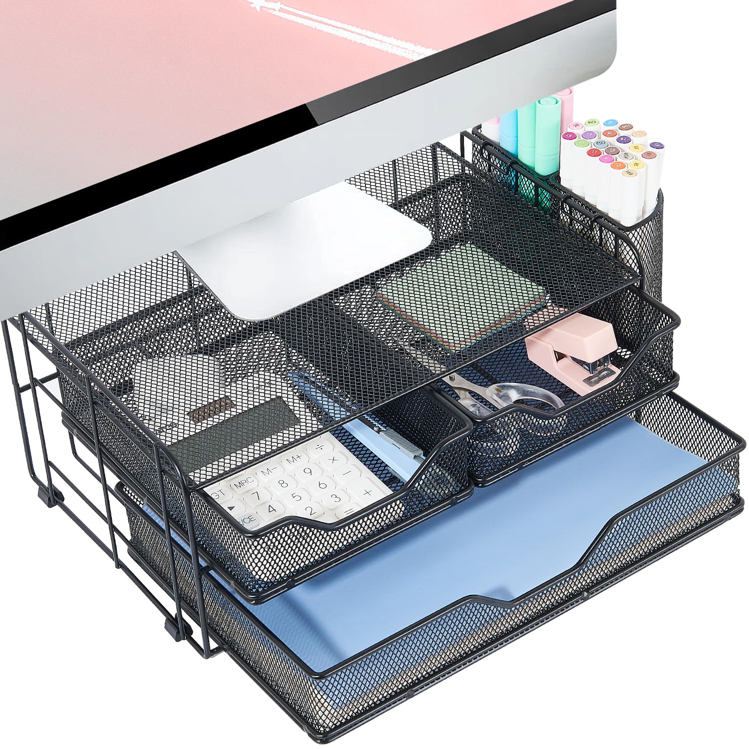 ECOLOVI Computer Monitor Stand with 2 Pen Holders and Drawers, Desk Drawer Organizer Tray for Workspace Office Supplies, Desk Organizers and Accessories, Black