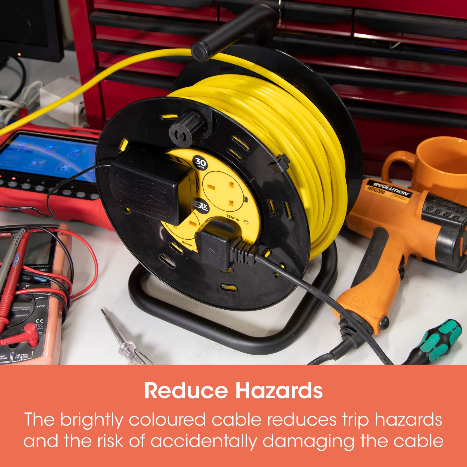 Extension Lead 30m Heavy Duty Cable Reel, 4 Socket Cord Reel UK Plug